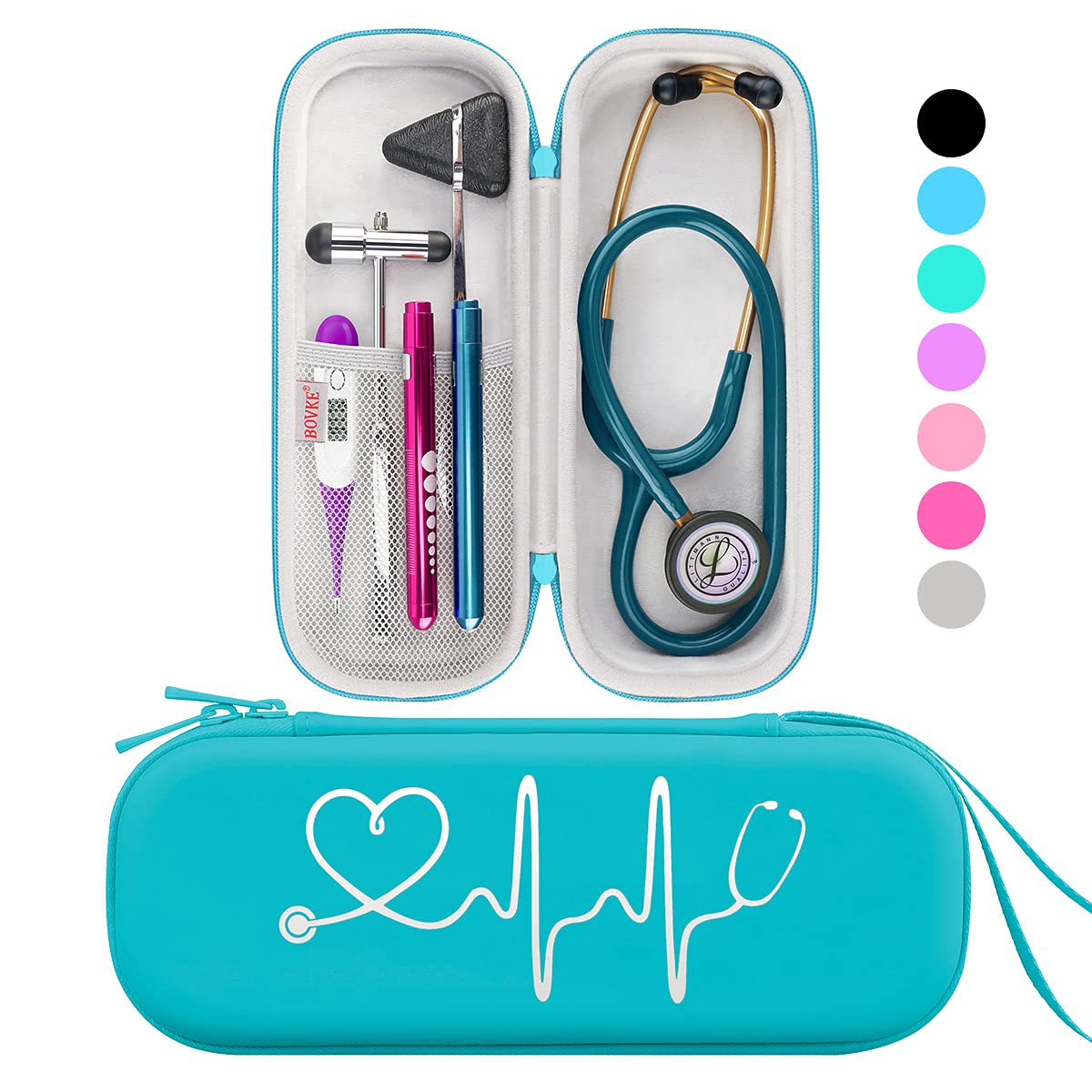 خرید از آمازون - قاب گوشی پزشکی BOVKE برای 3M Littmann Classic III، Lightweight II SE، MDF Acoustica Lightweight Stethoscope، فضای اضافی برای قیچی بانداژ پزشکی EMT Trauma Scissors و LED Penlight، Emerald D_Emerald