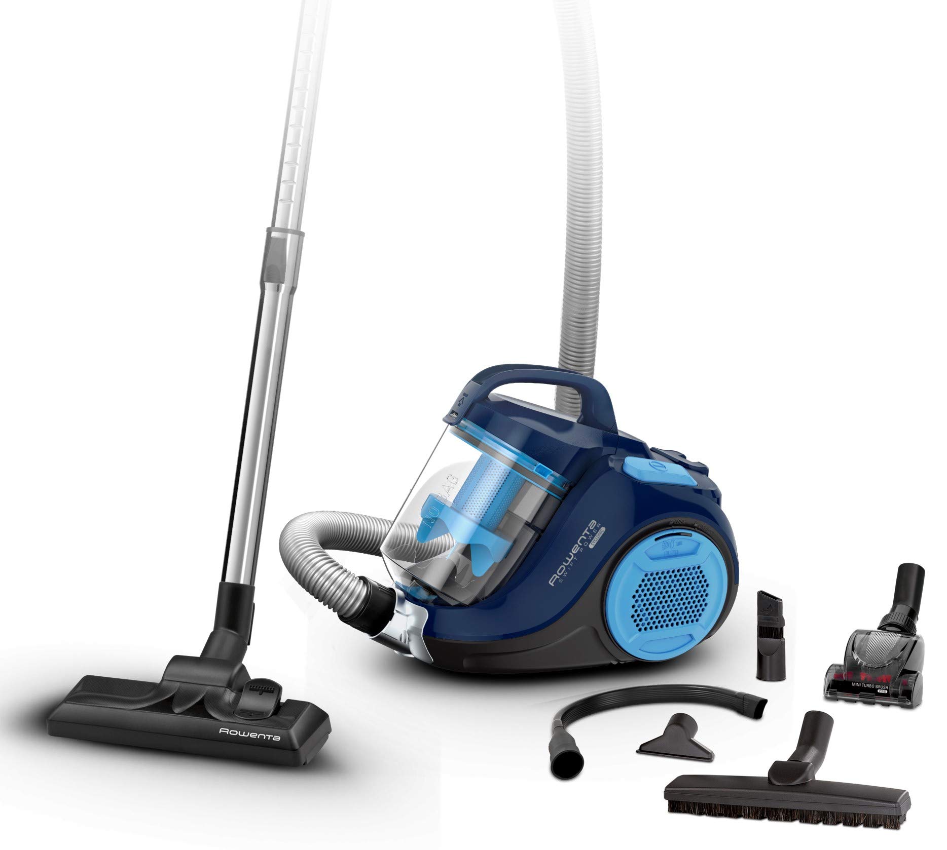 جارو برقی Rowenta Swift Power Cyclonic بدون کیسه، 900 وات، مکش قدرتمند، فیلتراسیون بالا، پوشش دهی وسیع، فرمت فشرده، آبی، RO2981EA House - موی حیوانات - پارکت