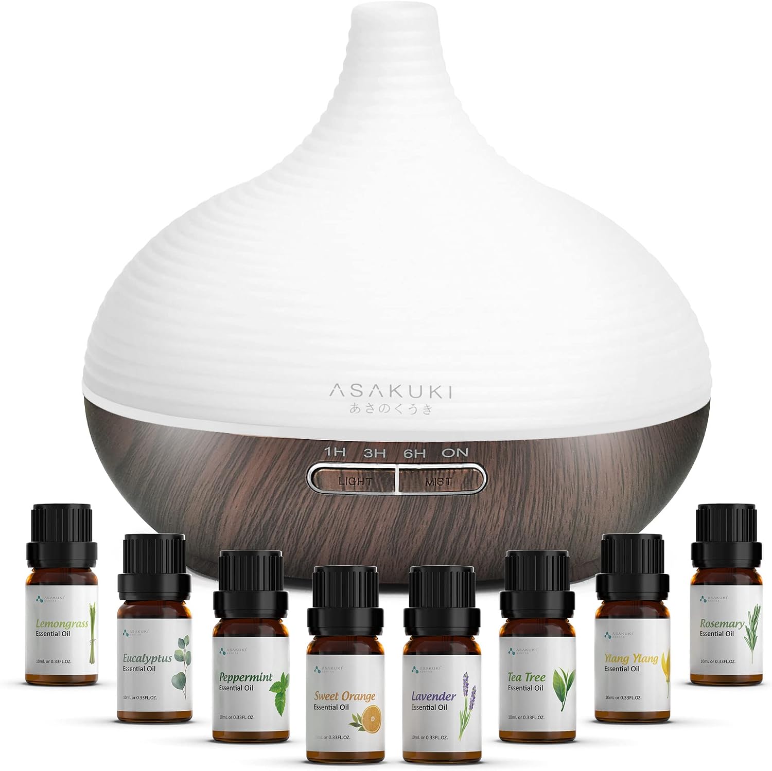 دستگاه خوشبو کننده هوا پخش کننده عطر 300 میلی لیتری ASAKUKI با مجموعه اسانس 8 * 10 میلی لیتری، رطوبت ساز اولتراسونیک، پخش کننده، 14 رنگ LED، رطوبت ساز اتاق سرد 23 دسی بل، یوگا، اسپا، مشکی خانگی-مشکی با مجموعه روغن