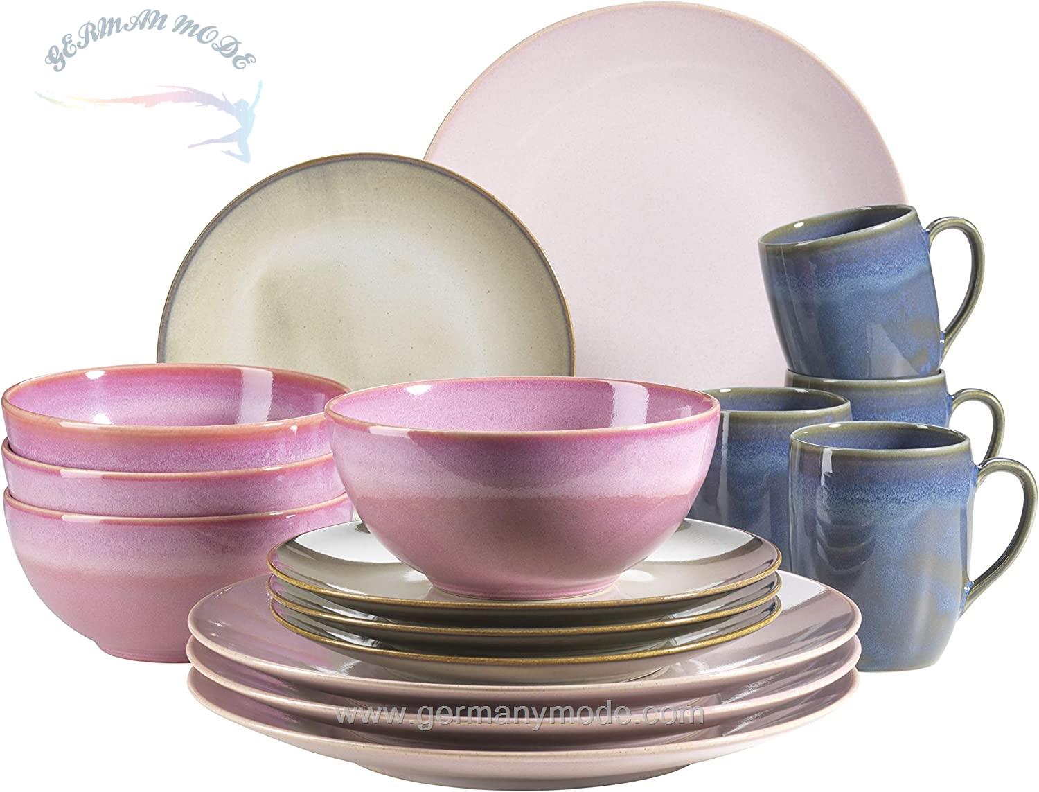 سرویس غذاخوری سرامیک 16 پارچه 4 نفره ماسر اتریش Mäser Kombiservice Ossia Basic (16-tlg.) Rosa / Blue Moon / Pink / Hellblau