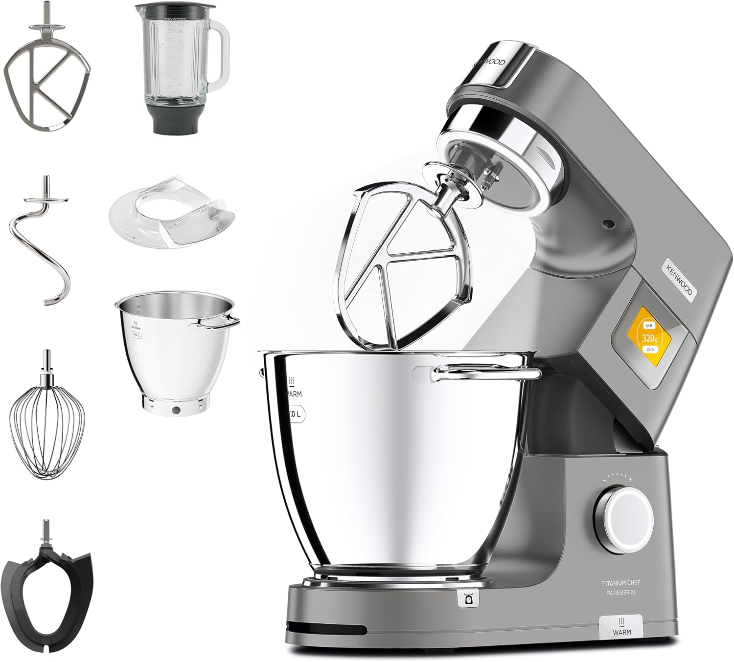 غذا ساز همه کاره کنوود انگلستان تیتانیوم شف پاتیسیر Kenwood XL KWL90.034SI – غذاساز با ترازوی یکپارچه و کاسه مخلوط‌کن ۷ لیتری با قابلیت گرم کردن، ۱۴۰۰ وات، شامل سرویس شیرینی‌پزی ۴ تکه، نقره‌ای