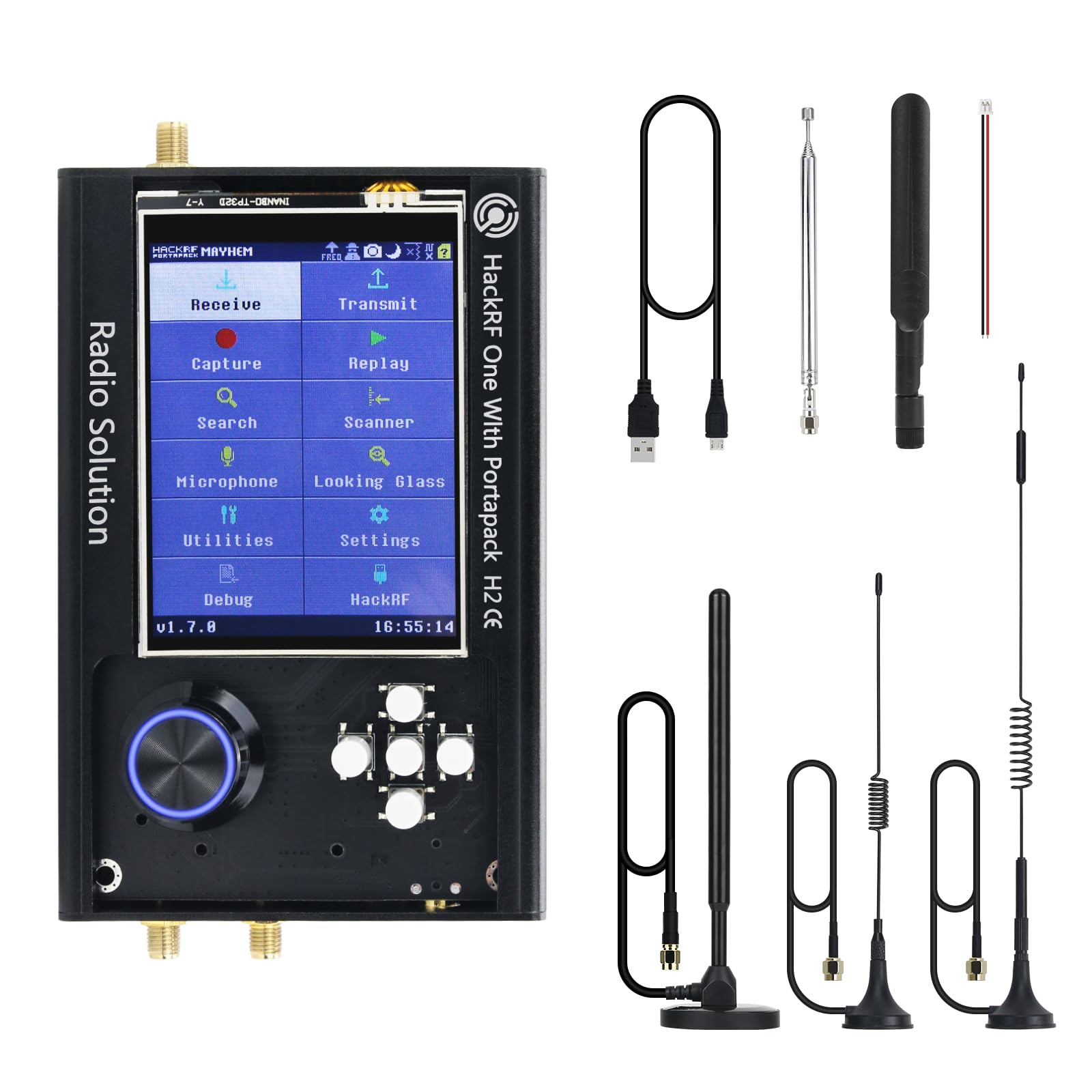 HamGeek PortaPack H2 و HackRF One R9 V2.0.0 شامل 5 آنتن و کابل داده 1MHz-6GHz SDR رادیویی، USB، آنتن هستند.