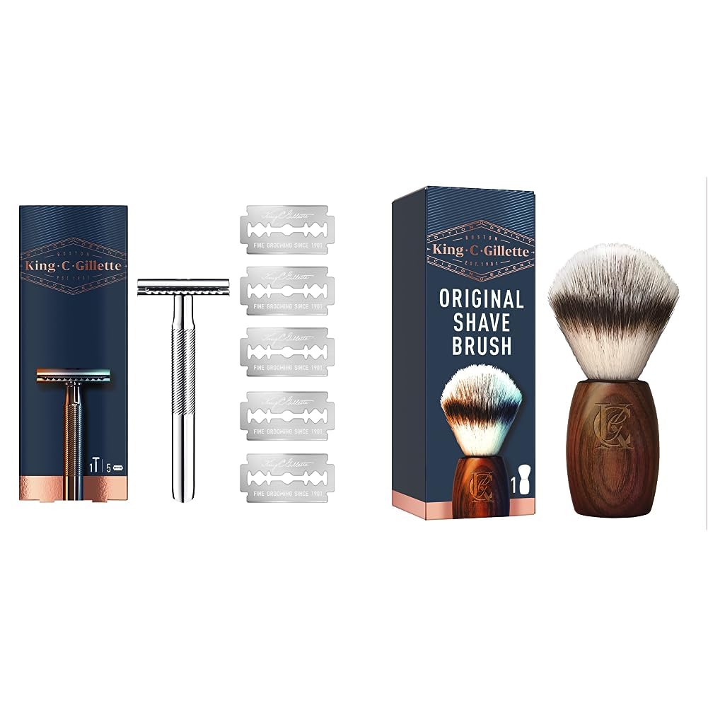 خرید از آمازون - تیغ ایمنی مردانه King C. Gillette، تیغ + 5 تیغ و برس اصلاح ریش برای مردان با موهای نرم و دسته چوبی، تجربه اصلاح در سطح آرایشگر، هدیه برای تیغ مردانه + بسته 5 تیغ با برس اصلاح