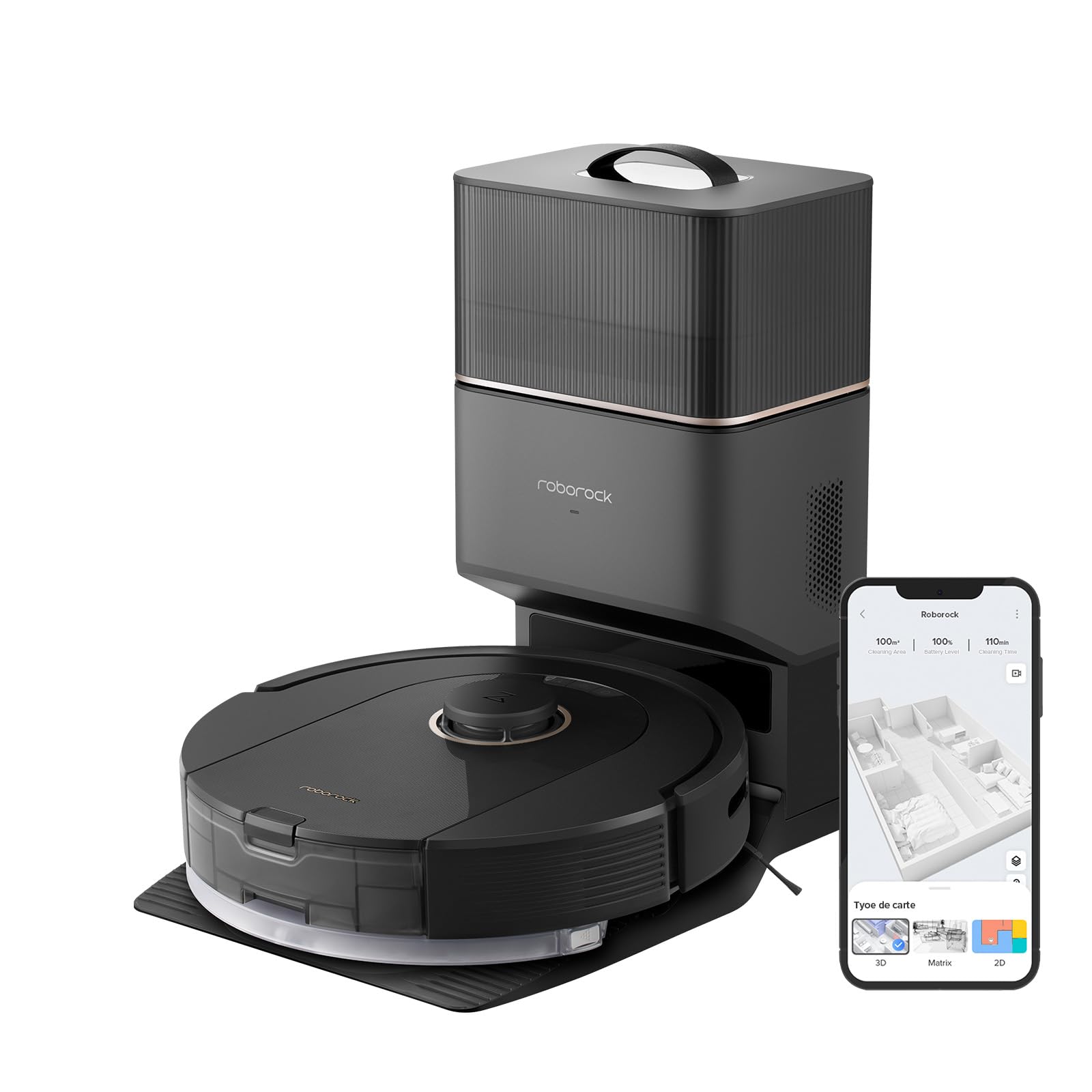 جارو رباتیک ربات جارو برقی roborock Q5 Pro+ با ایستگاه مکش، برس DuoRoller، قدرت مکش 5500Pa، کیسه گرد و غبار 2.5 لیتری، مخزن آب 180 میلی لیتری، ربات پاک کننده اپلیکیشن ناوبری PreciSense LiDAR/Alexa، مشکی...
