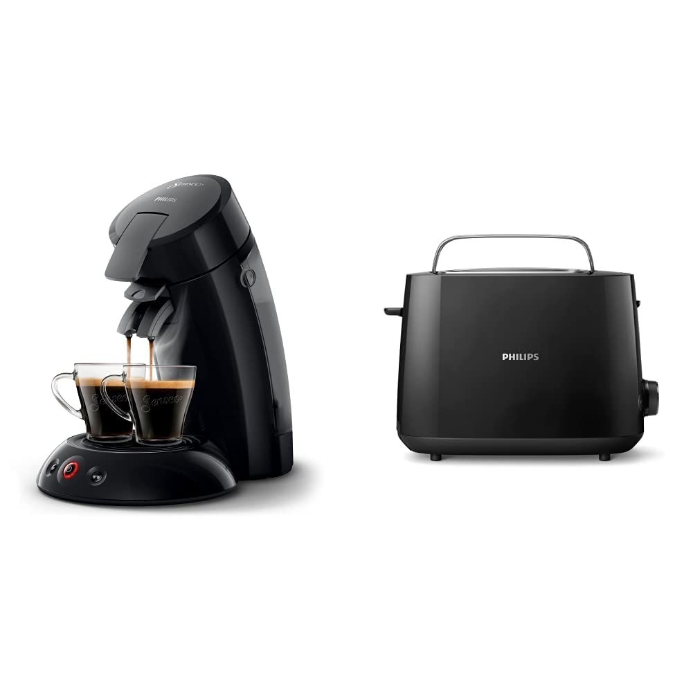 خرید از آمازون - Philips Domestic Appliances HD6553/67 Kaffeepadmaschine, Schwarz & Philips Toaster – 2 Toastschlitze, 8 Stufen, Brötchenaufsatz, Auftaufunktion, Liftfunktion, Abschaltautomatik, schwarz (HD2581/90)