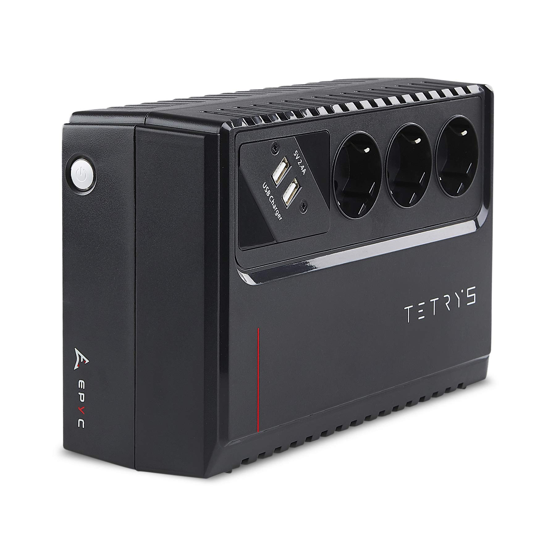 EPYC® TETRYS - چندراهی برق UPS، 850VA / 480 Watt، UPS، منبع تغذیه بدون وقفه UPS برای کامپیوتر، فناوری Line Interactive، AVR، 3 پریز Schuko، شارژر برای تلفن‌های هوشمند و تبلت‌ها