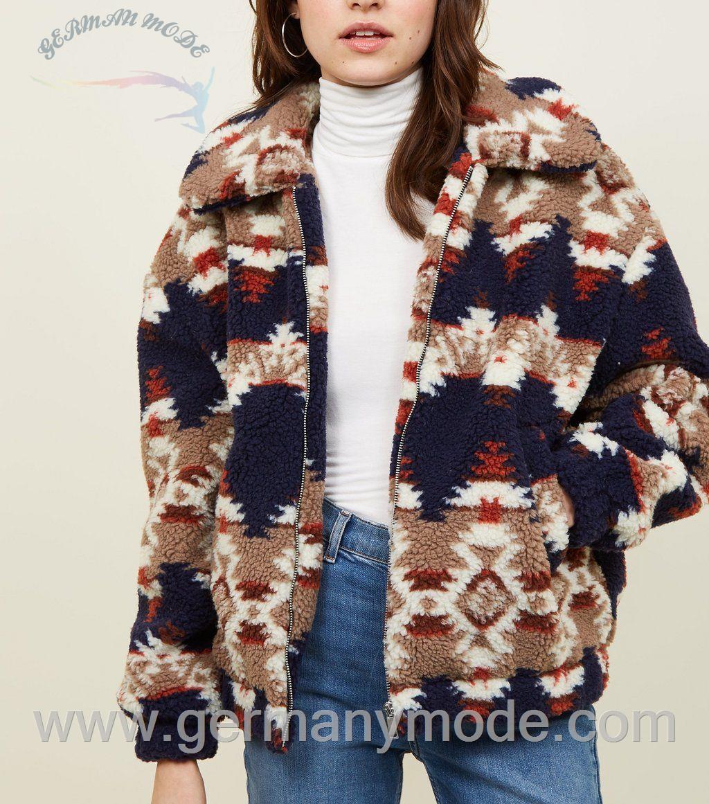 کاپشن زنانه نیولوک (انگلستان) Blue Aztec Print Teddy Borg Bomber Jacket