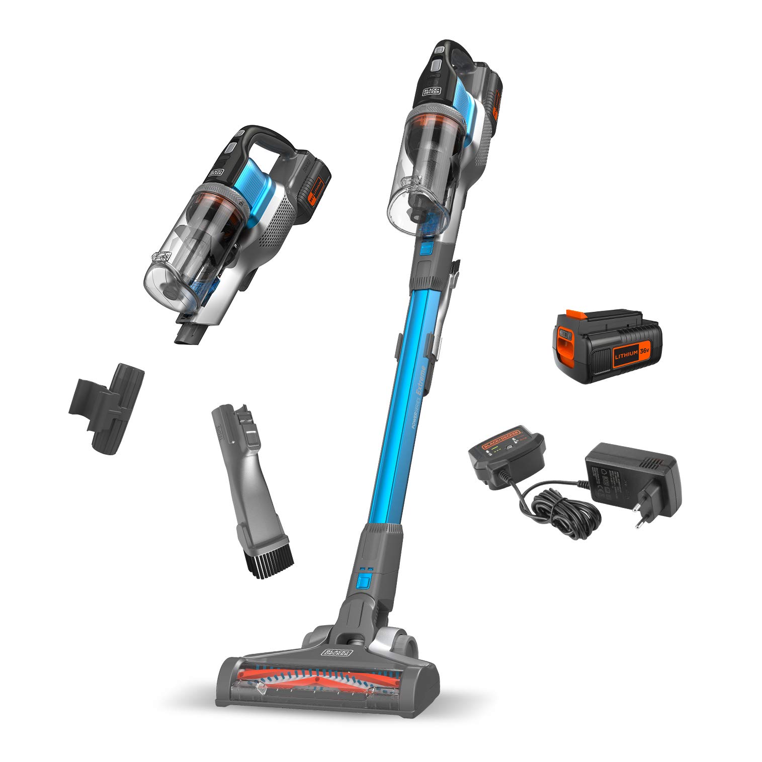 جارو شارژی بلک اند دکر آمریکا 4 در 1 BLACK+DECKER 36 ولتی BDPSE3615 (1.5 Ah، کف بدون کیسه و جاروبرقی دستی با برس برقی، بی سیم، از جمله نازل شکاف، برس اثاثه یا لوازم داخلی، باتری، شارژر و براکت دیواری)