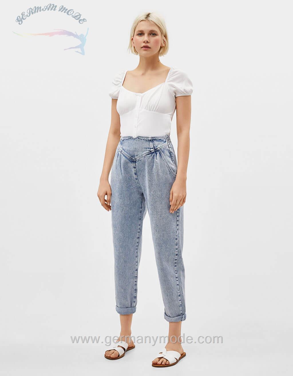 شلوار جین زنانه برشکا اسپانیا Mom-Jeans mit hohem Bund im Acid-Wash-Look 1