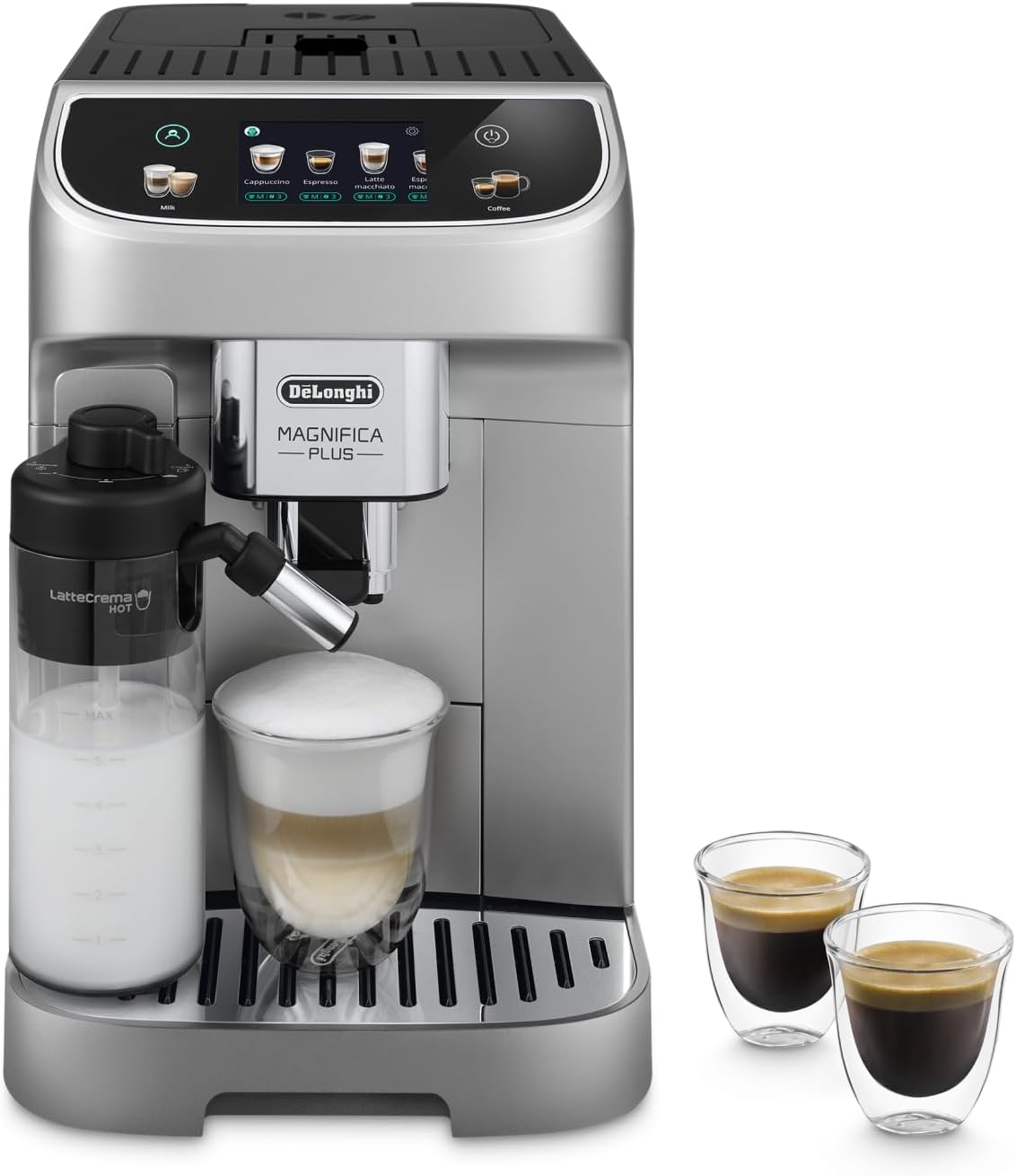 اسپرسو ساز قهوه ساز تمام اتوماتیک دلونگی ایتالیا DeLonghi Magnifica Plus ECAM322.70.SB با سیستم شیر LatteCrema برای کاپوچینو اتوماتیک، صفحه نمایش رنگی تمام لمسی، عملکرد عکس اضافی، عملکرد x2، 1450 وات، نقره ای/مشکی 18 نوشیدنی