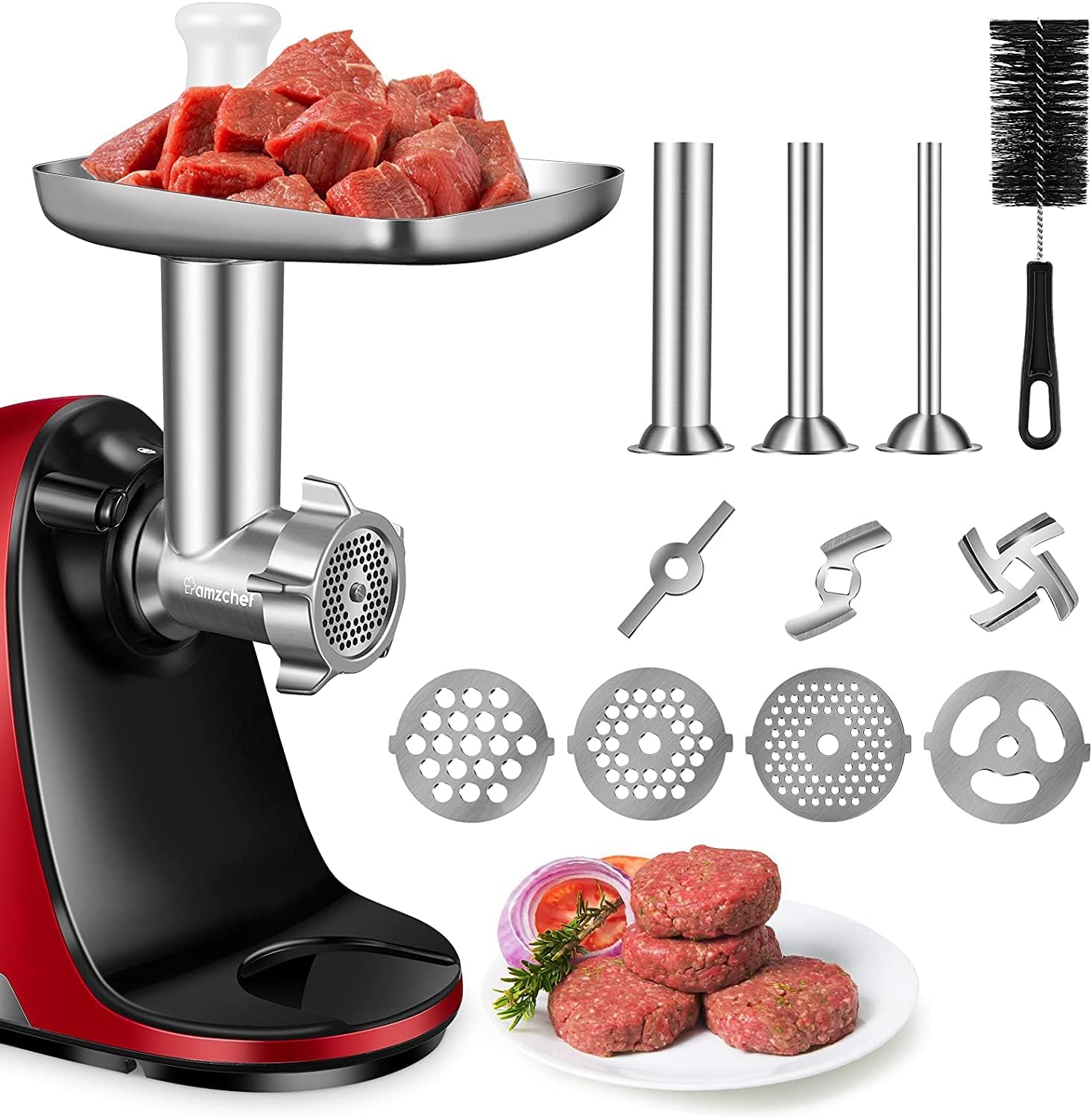 لوازم جانبی چرخ گوشت AMZCHEF برای آبمیوه گیری آهسته ZM1501 و GM3001 - لوازم جانبی ZM1501 - لوازم جانبی GM3001 - بدون ماشین، فقط لوازم جانبی شامل - 3 تیغه، 4 دیسک آسیاب، 3 گوشه پر کردن سوسیس