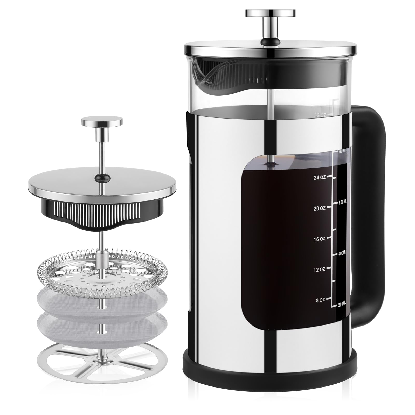 قهوه ساز فرنچ پرس wedrink فرنچ پرس ساخته شده از فولاد ضد زنگ | فیلتر فرنچ پرس 0.35 لیتری برای قهوه یا چای، بدنه استیل ضد زنگ و ظرف شیشه ای بوروسیلیکات (1 لیتر)