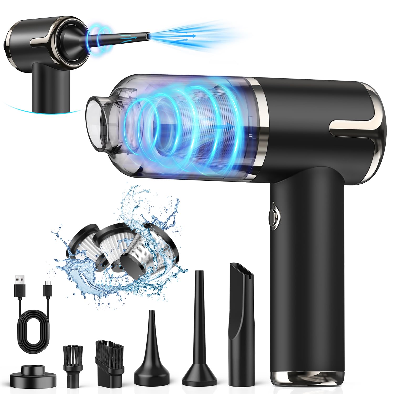 جارو شارژی دستی NIBSHOOM 15000 PA، باتری جاروبرقی دستی 4 در 1 با شارژ سریع USB-C، جاروبرقی ماشین با هوای فشرده 2 سرعته قوی، مینی جاروبرقی چند منظوره برای ماشین / دفتر / خانه