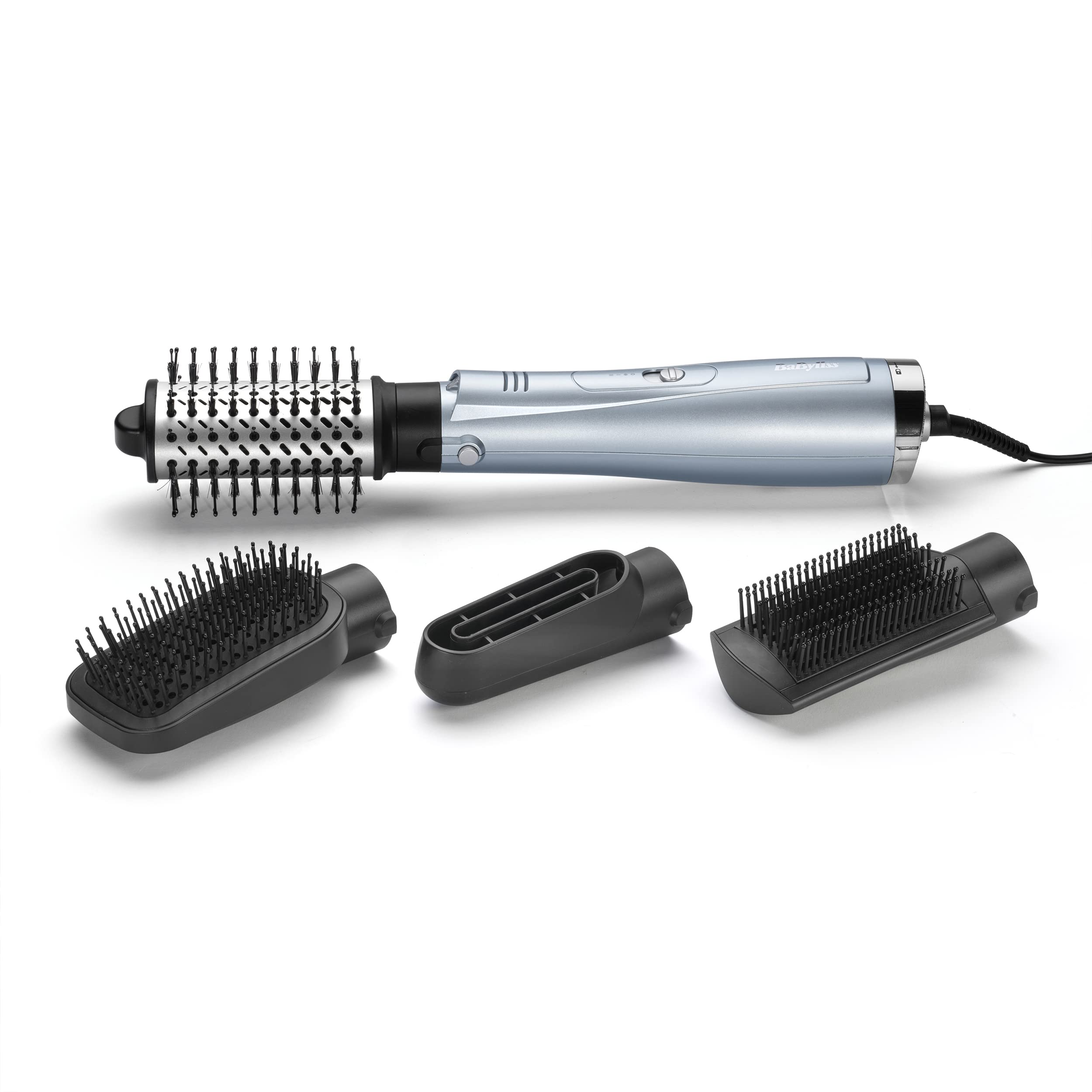 برس حرارتی گرد بابیلیس فرانسه - برس هوای گرم BaByliss Hydro Fusion Smooth & Shape با 4 ضمیمه برای سشوار کشی، صاف کردن، حجم دهی و برس زدن، تکنولوژی دوتایی یون با اثر ضد وز، حالت دهنده هوا، AS774E، تک تک آبی یخی