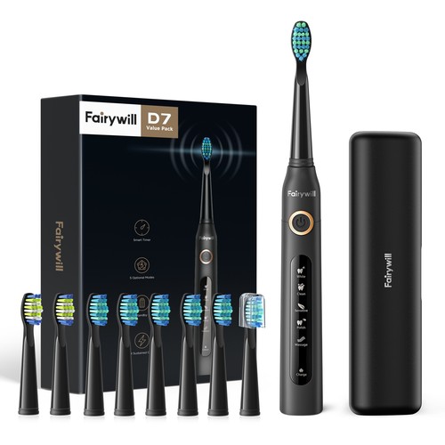 خرید از ایبی - مسواک سونیک برقی Fairywill در 5 حالت با قاب مسافرتی مشکی 8 سر