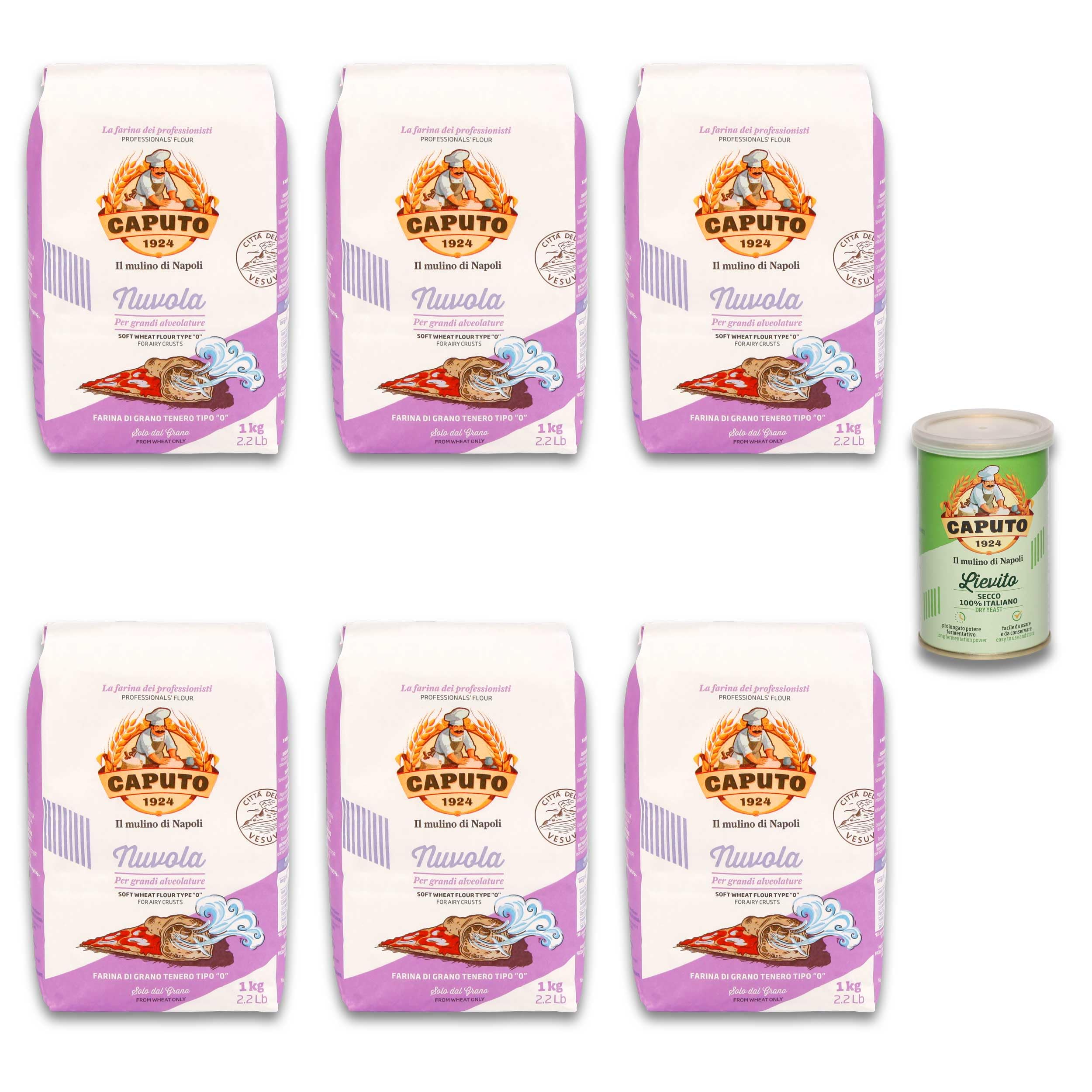 خرید از آمازون - DELICRET - 6x1kg Caputo Nuvola + 100g مخمر خشک Caputo + دستور پخت پیتزا اصلی و نکات | زمان پیاده روی تا 2-48 ساعت | آرد ایده آل برای پیتزاهای هوادار و محصولات پخته شده Nuvola + مخمر