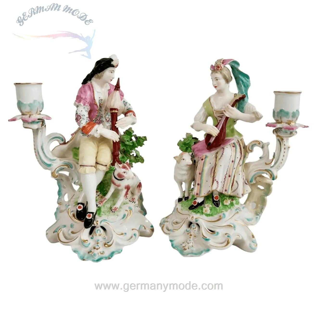 یک جفت شمعدان دکوری چینی آنتیک قدیمی Paar Kerzenständer Figuren Taschentuch und Dame mit Lute Rokoko um 1765