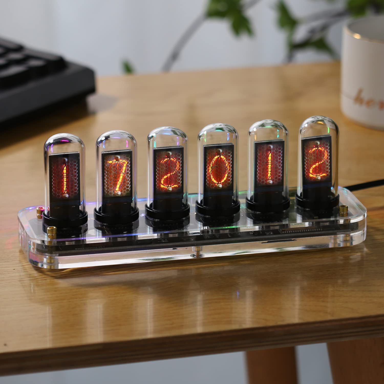 خرید از آمازون - ساعت زنگ دار دیجیتال NovelLife SE شبیه سازی ساعت لوله ای Nixie 6 بیت RGB درخشش IPS LCD نمایش عکس زمان تقویم ساعت های رومیزی قدیمی تزئینات میز هدیه Nixie Clock Se