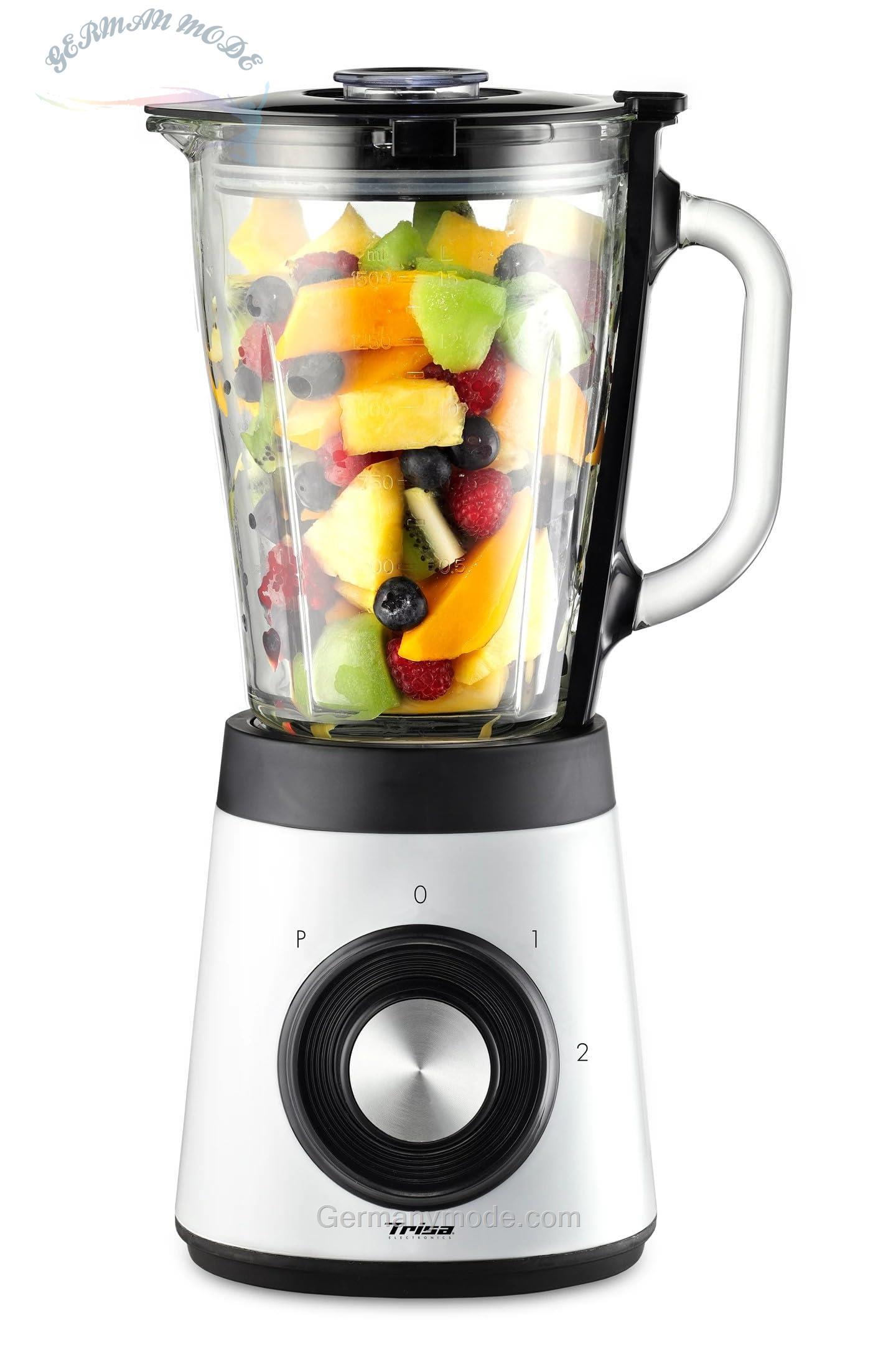 مخلوط کن تریزا سوئیس مدل دینرز ادیشن Trisa Standmixer Diners Edition ظرف شیشه‌ای ۱.۵ لیتری، ۲ حالت سرعت، عملکرد پالس، تیغه استیل ضد زنگ،برای اسموتی و یخ خرد شده