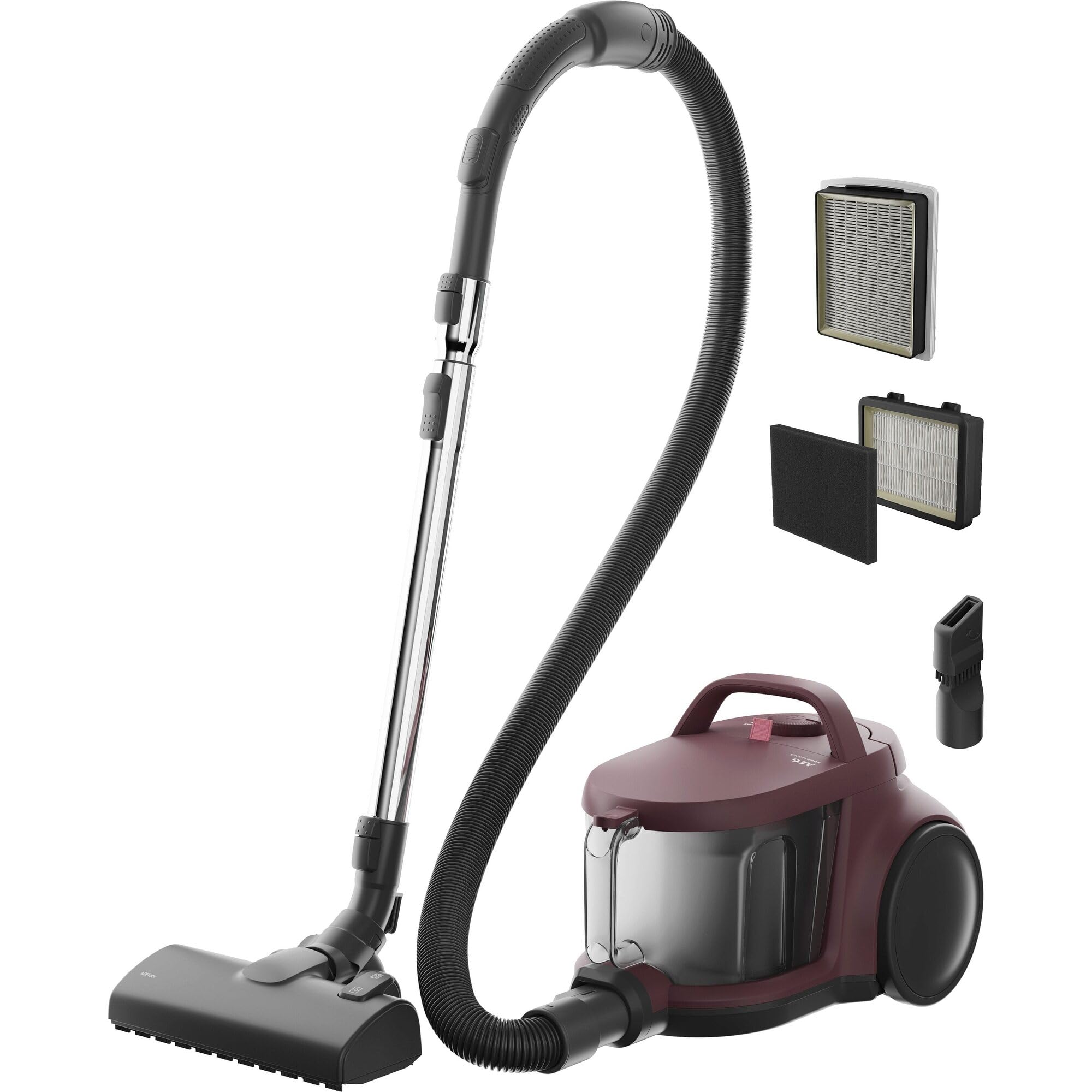 جاروبرقی بدون کیسه AEG CLEAN 5000، جاروبرقی مخزنی برای همه طبقات، لوازم جانبی، 1000 وات، شعاع عملکرد 9 متر، مخزن گرد و غبار 2 لیتری، 60٪ مواد بازیافتی، فیلتر HEPA قابل شستشو، قرمز تیره، AL51C1DRF سری جدید 5000
