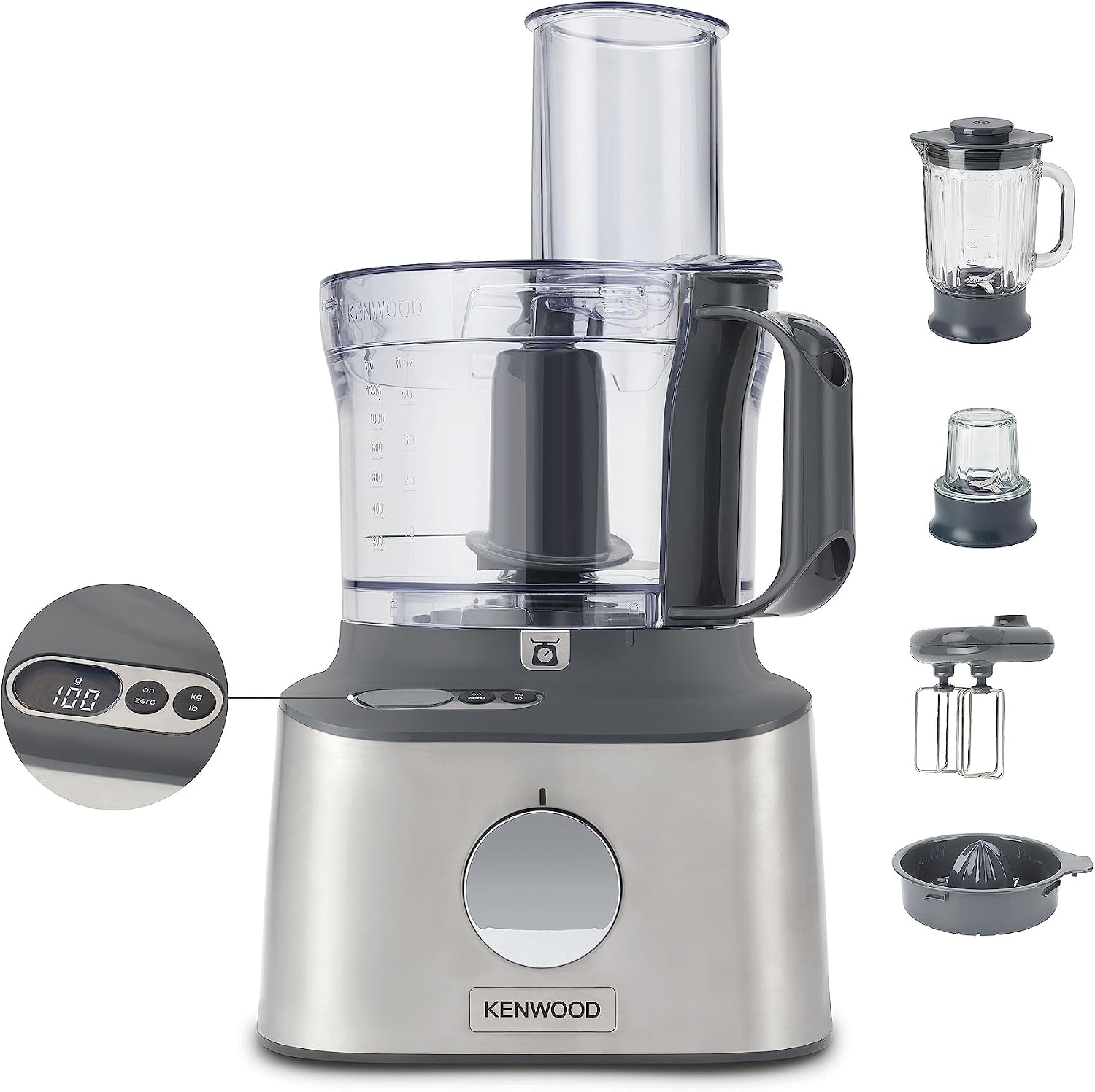 غذاساز کامپکت کنوود انگلستان Multipro Compact+ FDM313SS، 2.1 لیتر، ترازو یکپارچه، تیغه های استیل ضد زنگ، 3 عدد دیسک کار و 6 لوازم جانبی دیگر، محفظه فلزی 800 وات، بسته لوازم جانبی نقره ای XL