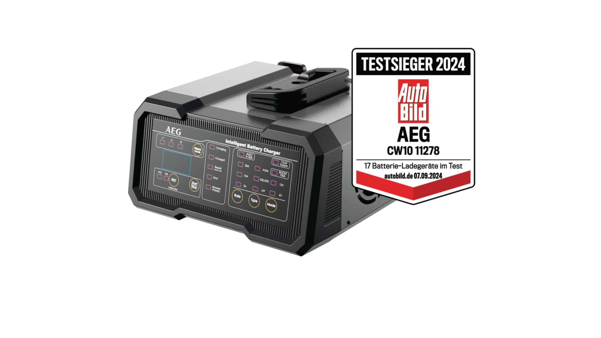شارژر باتری AEG مدل CW10 تمام باتری‌های 6 و 12 ولت را شارژ می‌کند، دارای فیوز محافظ جامع، با نمایش وضعیت شارژ بر حسب درصد شارژر باتری 75 آمپری CW10