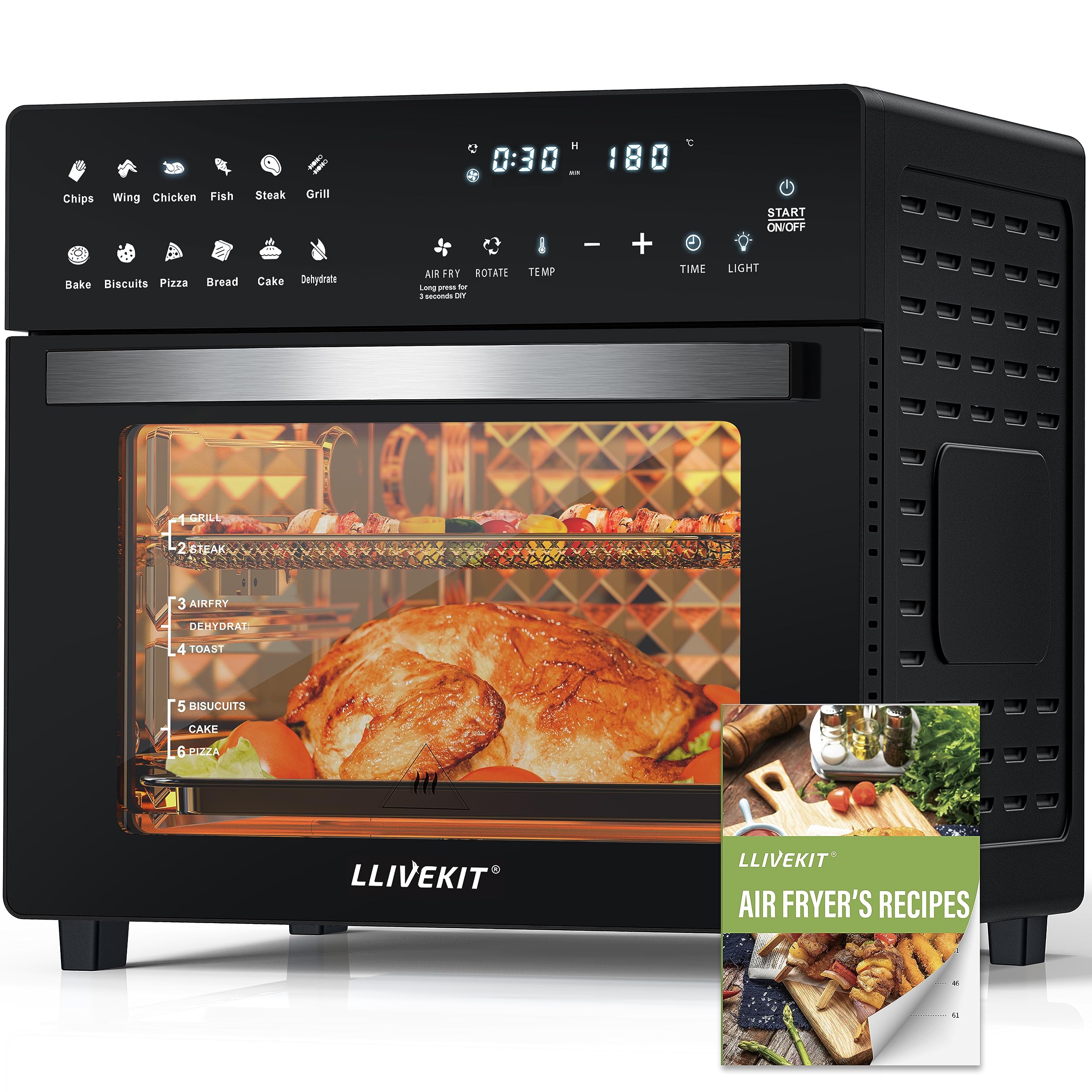 خرید از آمازون - سرخ کن LLIVEKIT مینی فر 26 لیتری، 1700 واتی Airfryer XXL با 12 برنامه و کتاب دستور پخت، فر هوای گرم با نمایشگر دیجیتال LED، سرخ کن عمیق با پیش گرم کردن، گرم نگه داشتن و گرم کردن 26 لیتر مشکی
