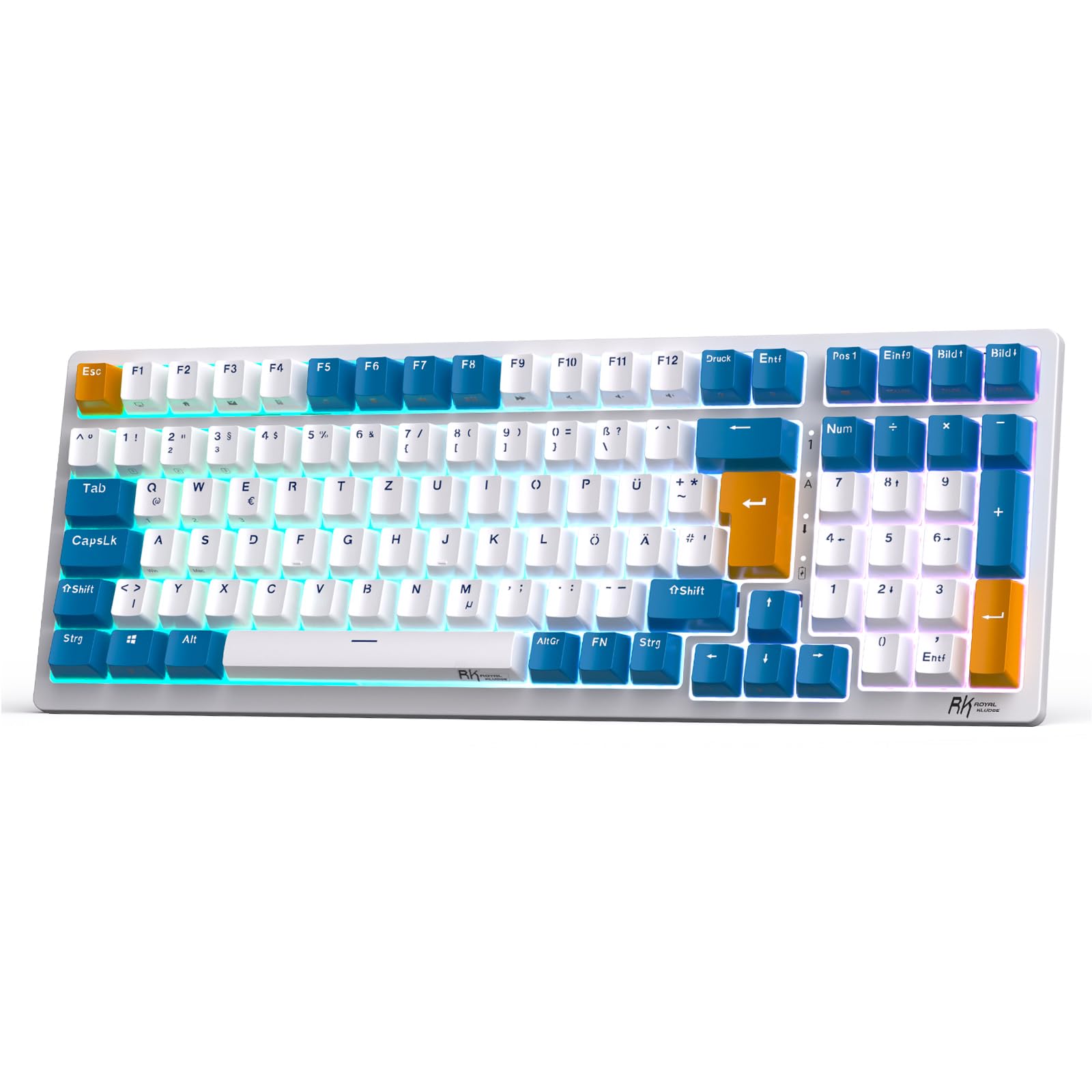 خرید از آمازون - صفحه‌کلید مکانیکی RK ROYAL KLUDGE RK98 صفحه‌کلید بازی بی‌سیم 2.4G/Bluetooth 5.1/USB-C RGB با نور پس‌زمینه چیدمان آلمانی QWERTZ 100 کلید داغ سوئیچ قرمز قابل تعویض، سوئیچ قرمز سفید با قابلیت تعویض داغ