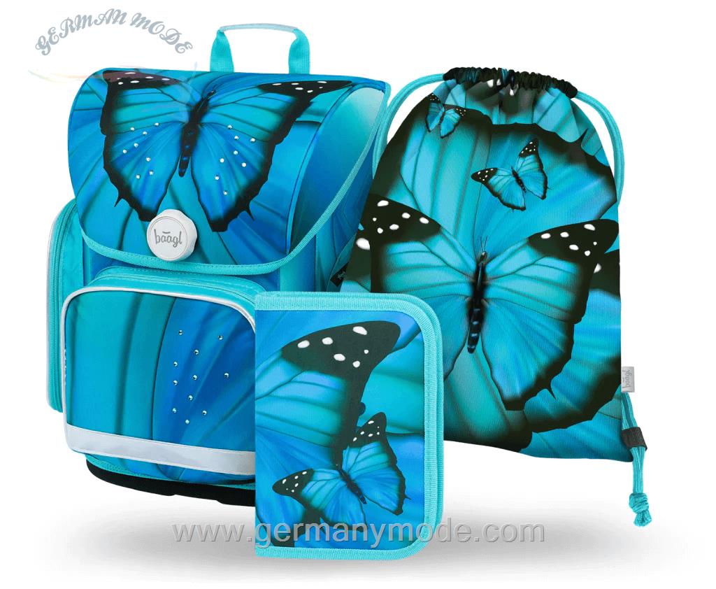 ست 3 تایی کوله پشتی مدرسه کوله ورزشی جامدادی دخترانه بگل Baagl Ergo Butterfly Schulranzen Set 3tlg Schulranzen Federmäppchen Turnbeutel