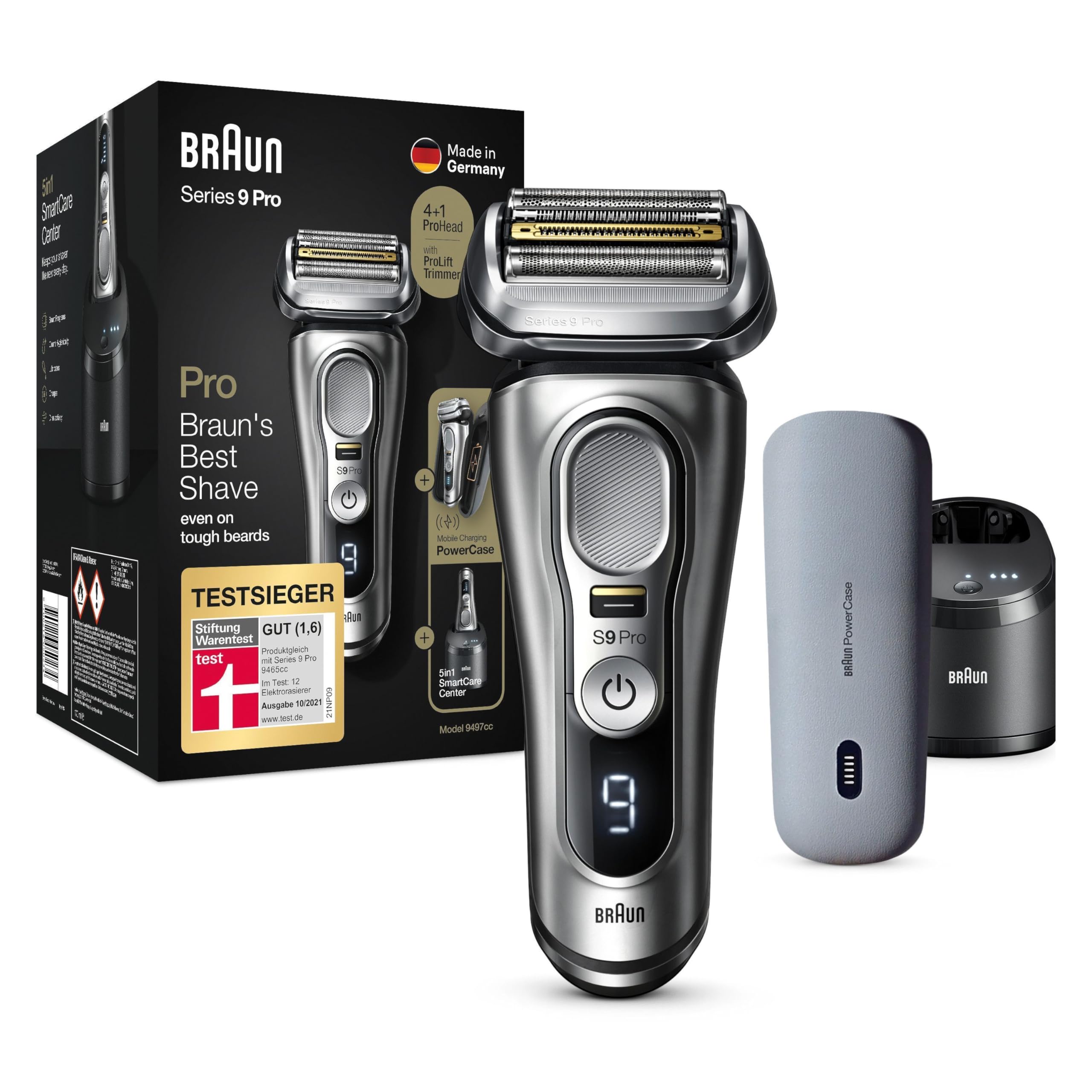 خرید از آمازون - ریش تراش مردانه Braun Series 9 Pro Premium با سر اصلاح 4+1، تیغ برقی و موبر ProLift، پاور کیس، ایستگاه تمیز کردن 5 در 1، زمان اجرا 60 دقیقه، مرطوب و خشک، هدیه روز پدر، 9497 سی سی، نقره ای
