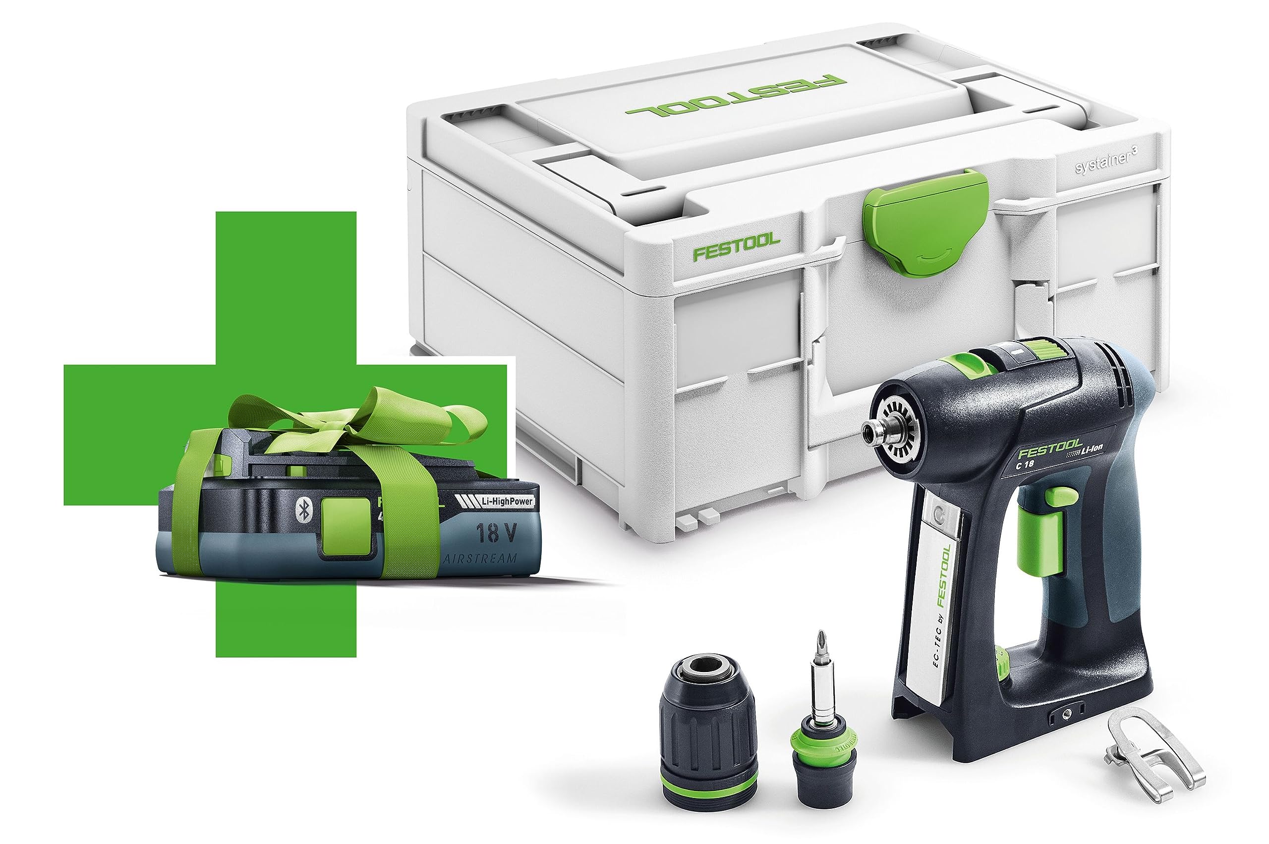خرید از آمازون - دریل/پیچ گوشتی شارژی Festool C 18-Basic-4.0 (با بسته باتری، چاک ابزار، نگهدارنده بیت مغناطیسی، چاک مته بدون کلید P، بیت، گیره تسمه)، در سیستینر