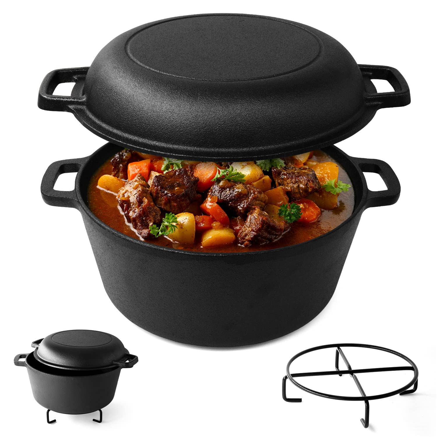 خرید از آمازون - قابلمه چدنی 4.7 لیتری اجاق گاز هلندی با درب چند منظوره 1.75 لیتری مناسب برای فر و انواع اجاق گاز - قابلمه هلندی 2 در 1 چدنی برای نان پز کردن گوشت پخته شده خورش و بیشتر