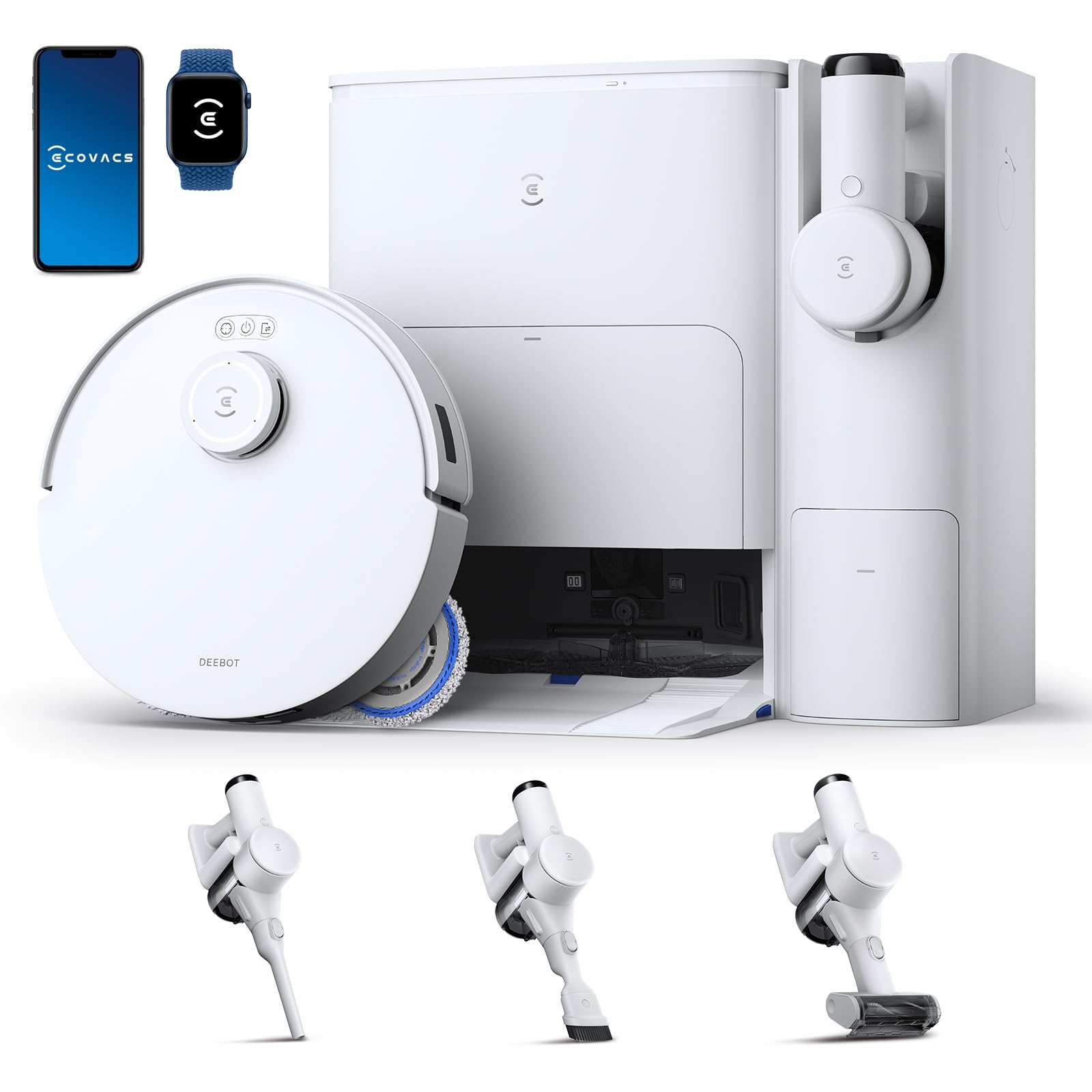 جارو رباتیک ربات جارو برقی ترکیبی ECOVACS DEEBOT T30S با عملکرد تمیز کردن و جاروبرقی دستی بی سیم، ایستگاه تمیز کردن همه کاره، 11000Pa، فناوری ZeroTangle، تمیز کردن لبه TruEdge™، شستشو با آب گرم