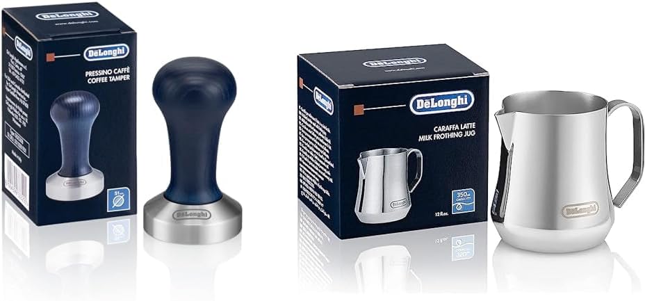 پارچ شیر و تمپر اسپرسو ساز دلونگی ایتالیا از جنس استنلس استیل DeLonghi DLSC058 با دسته چوبی، پارچ شیر آبی/نقره ای و DLSC060، 350 میلی لیتر، بسته استیل ضد زنگ با پارچ شیر