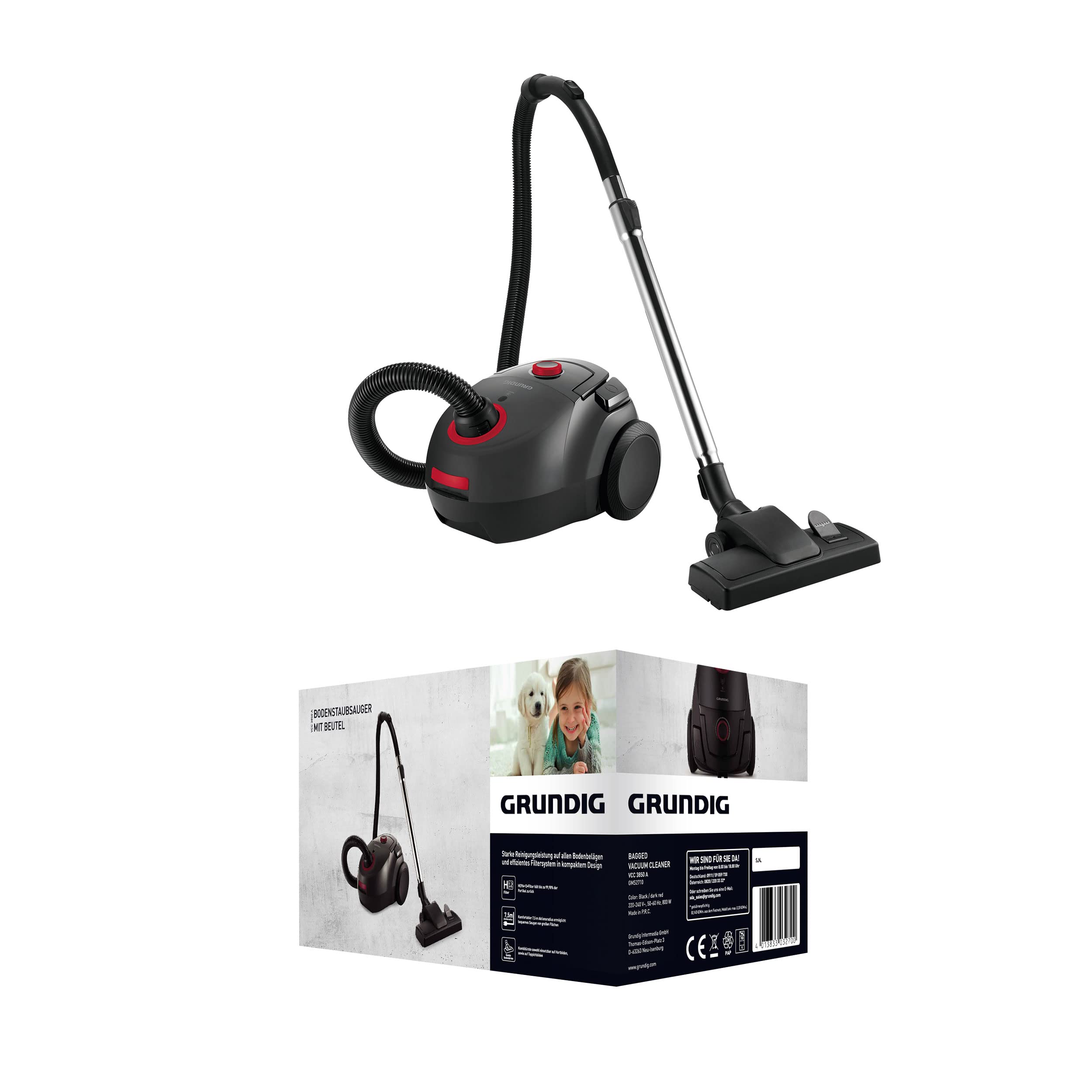 جارو برقی Grundig، VCC 3850 یک جاروبرقی با کیسه، 800 وات، 2.1 لیتر، مشکی/قرمز تکی