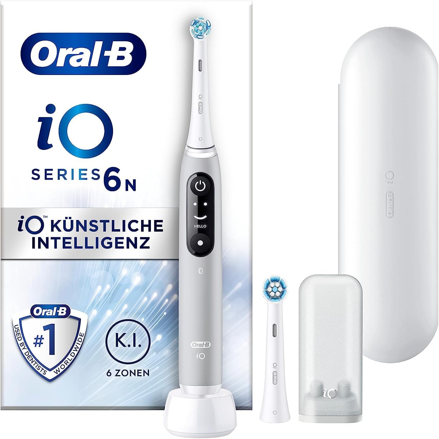 مسواک برقی اورال بی آمریکا Oral-B iO سری 6/ مسواک برقی، 2 سر مسواک، 5 حالت مسواک زدن برای مراقبت از دندان، صفحه نمایش و کیف مسافرتی، طراحی شده توسط Braun، عقیق خاکستری