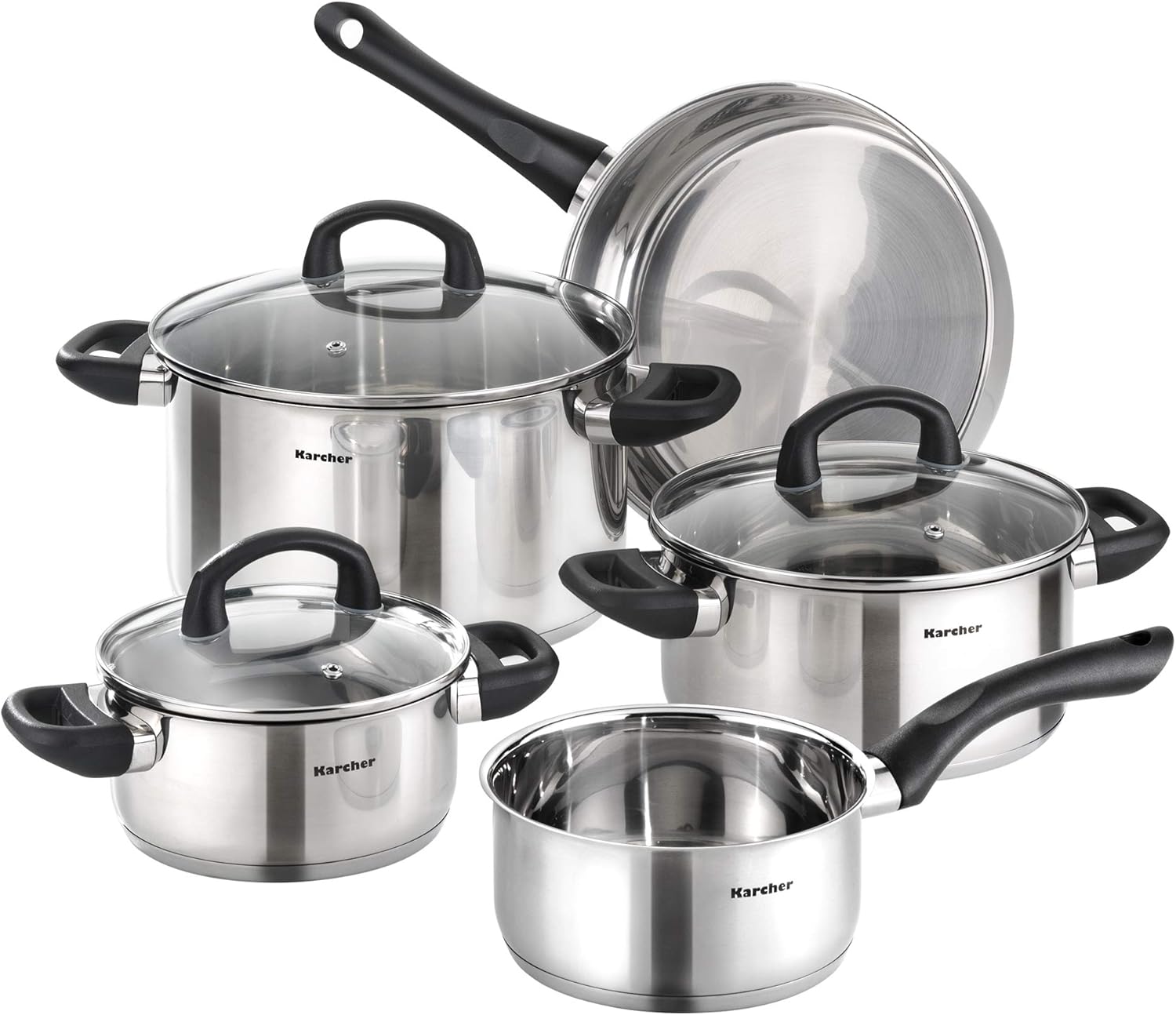 سرویس قابلمه 5 پارچه کرشر آلمان Karcher Topfset Mia aus Edelstahl استیل کارچر میا، ست ظروف القایی، قابلمه با درب شیشه ای/ ماهیتابه/ قابلمه، 5 تکه