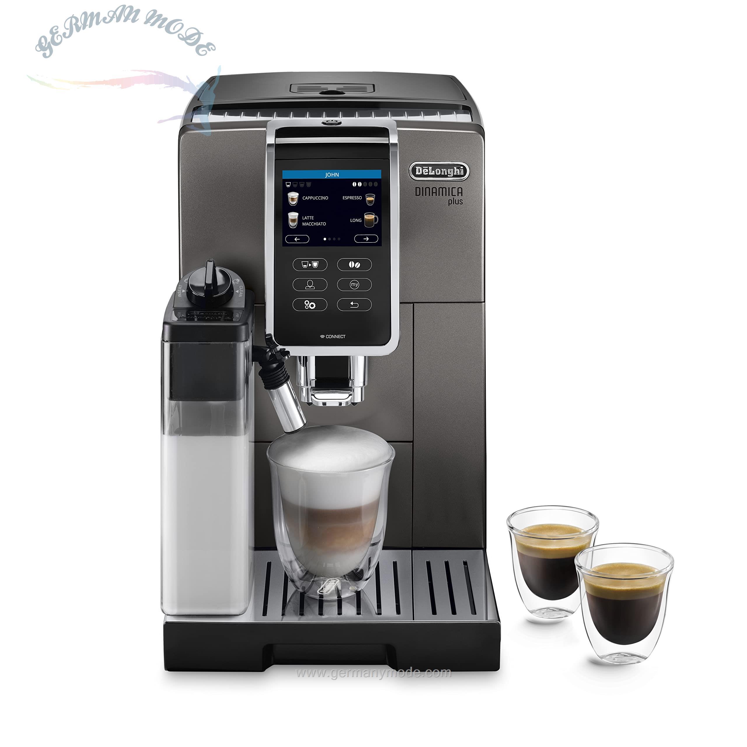 اسپرسو ساز قهوه ساز تمام اتوماتیک دلونگی ایتالیا DeLonghi Dinamica Plus ECAM 372.95.TB با سیستم شیر LatteCrema، کاپوچینو و اسپرسو با فشار یک دکمه، صفحه نمایش رنگی لمسی، کنترل برنامه، عملکرد قابلمه قهوه، تیتانیوم/مشکی مدل 2022
