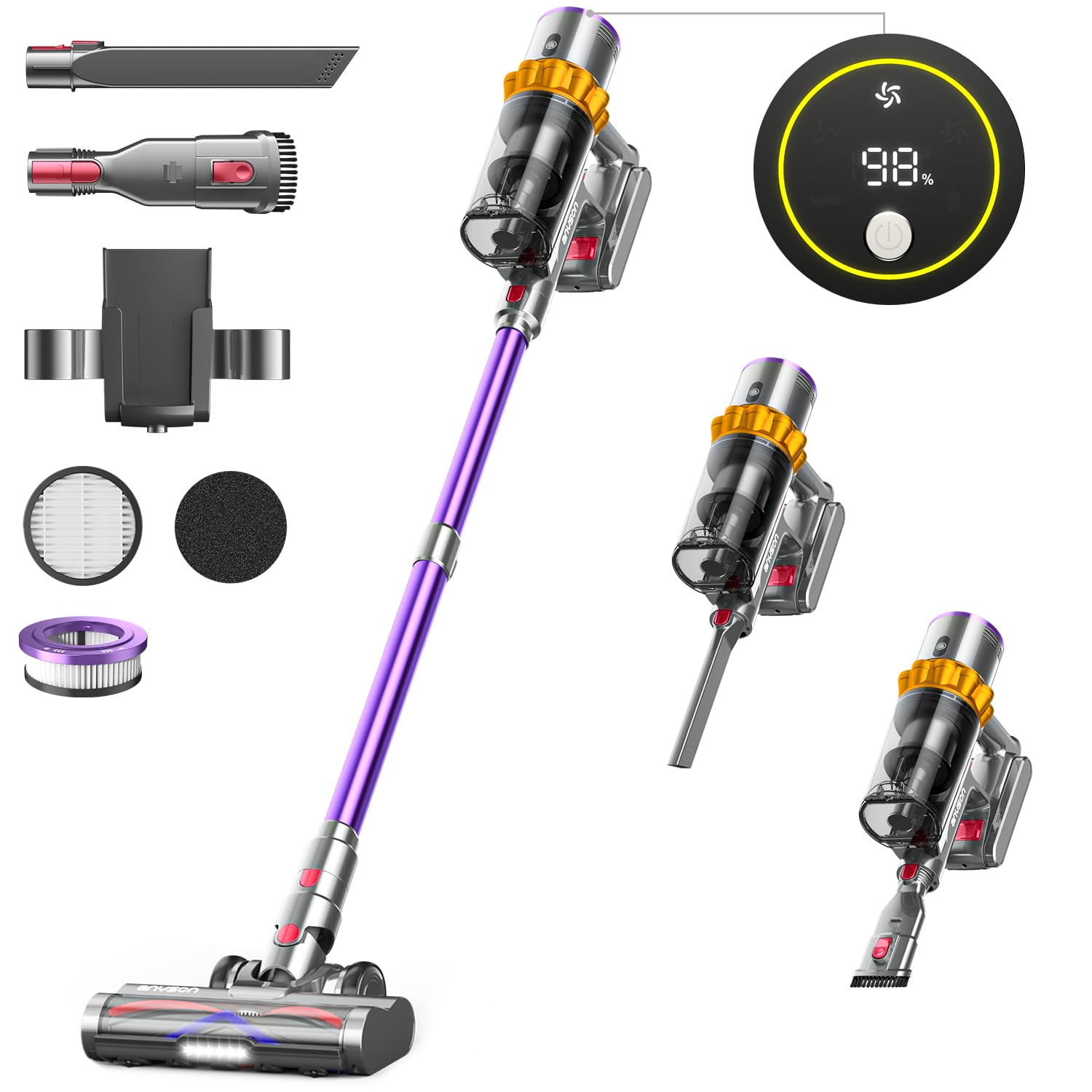 جارو شارژی جاروبرقی بی‌سیم Anyson 45000Pa/550W/70Min، جاروبرقی باتری 1.6 لیتری، جاروبرقی بی‌صدا، فوق‌العاده بی‌صدا، با نمایشگر LED/برس ضد گره خوردگی، جاروبرقی چوبی برای Had Floors، PET