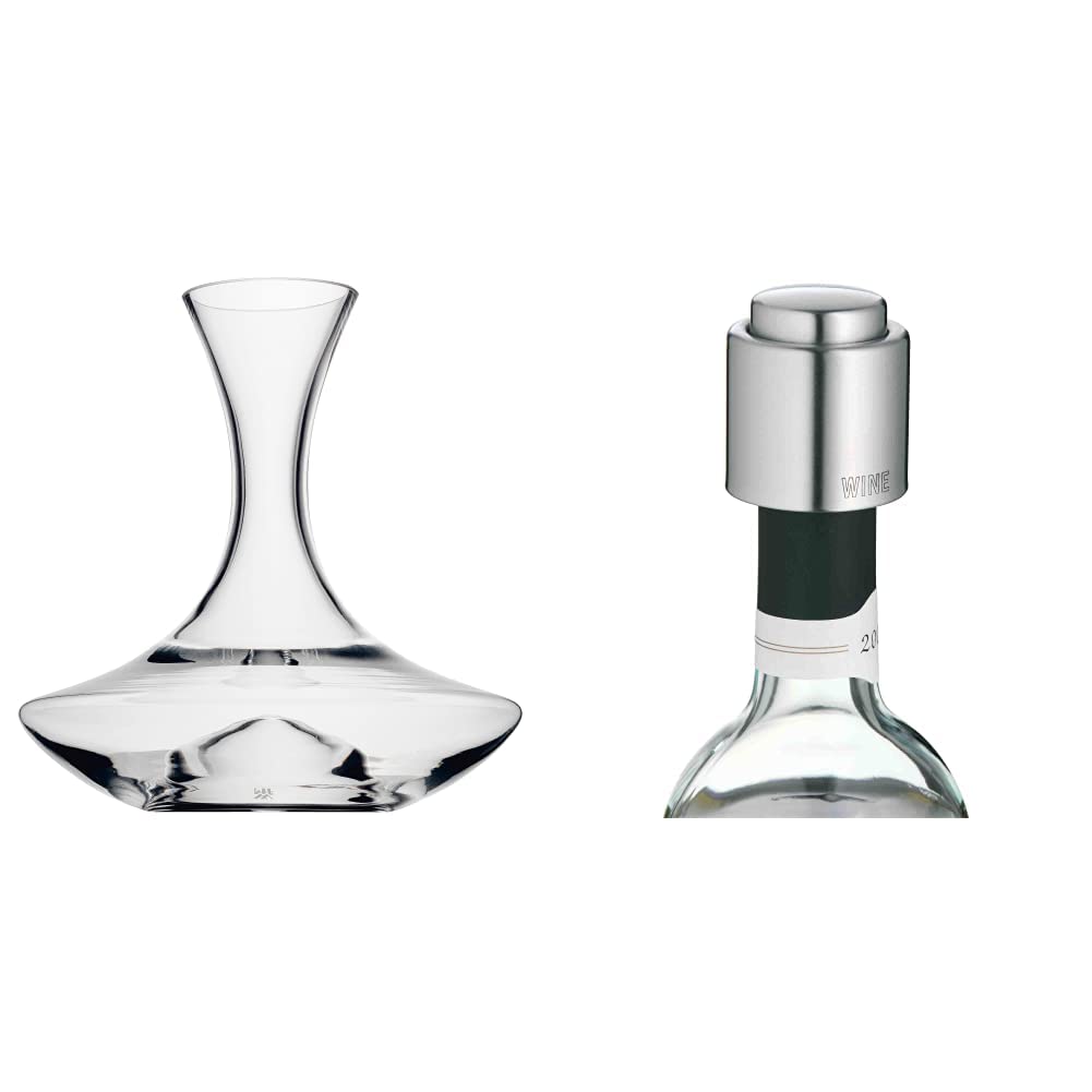 پارچ آب شیشه ای و نوشیدنی وی ام اف WMF با پایه توخالی 1.5 لیتری، شیشه، بطری آبخوری برای شراب قرمز، هواکش شراب، تمیز کردن آسان، ظریف، زیبا، با کیفیت بالا و درپوش شراب با کتیبه، بسته شراب با درب شراب