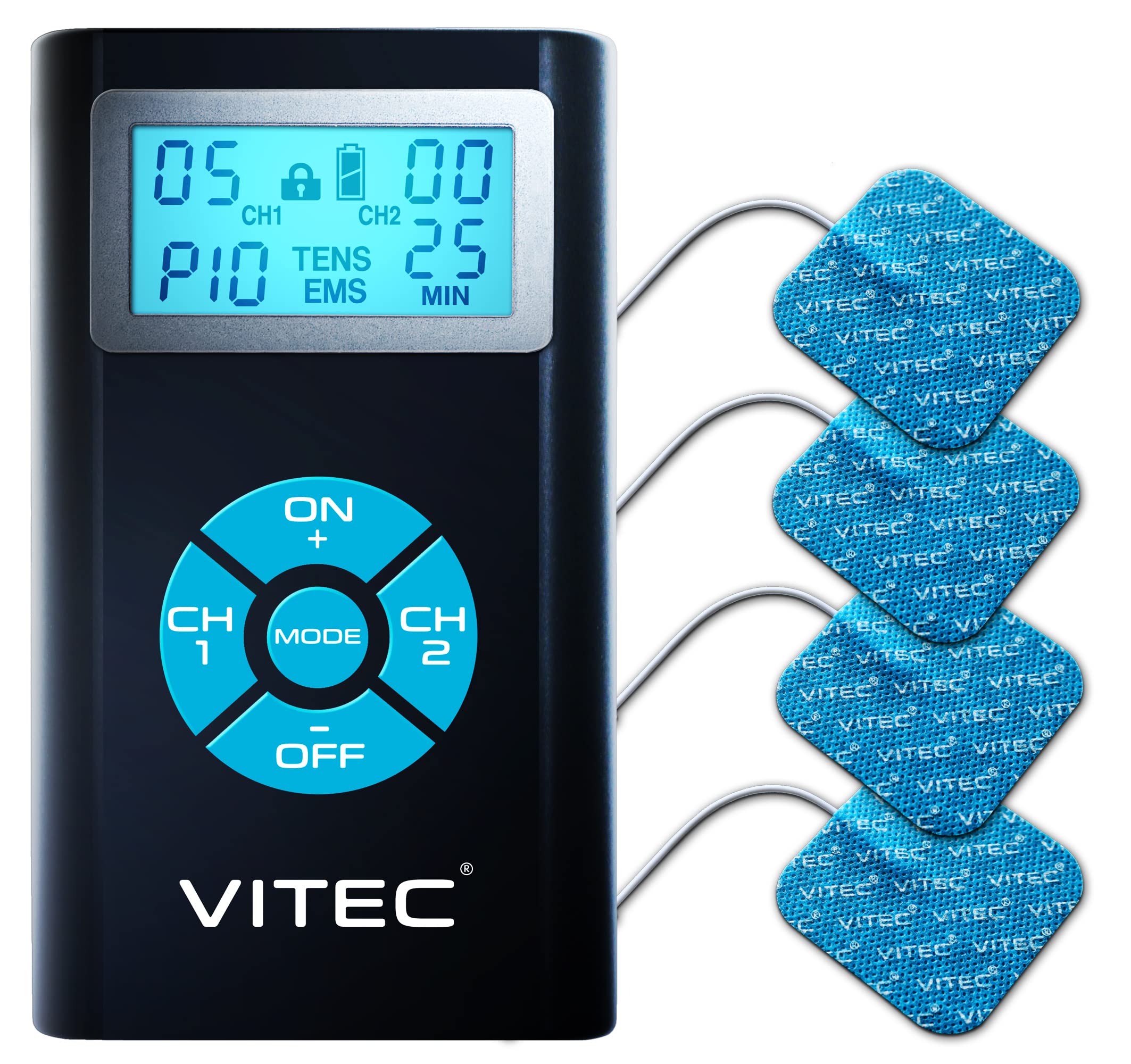 خرید از آمازون - دستگاه تحریک الکتریکی VITEC CYNONIC TENS/EMS، 2 درمان طبیعی: تسکین درد و عضله سازی، 20 برنامه انفرادی، درمان فعلی تحریک طبیعی بدون عوارض جانبی
