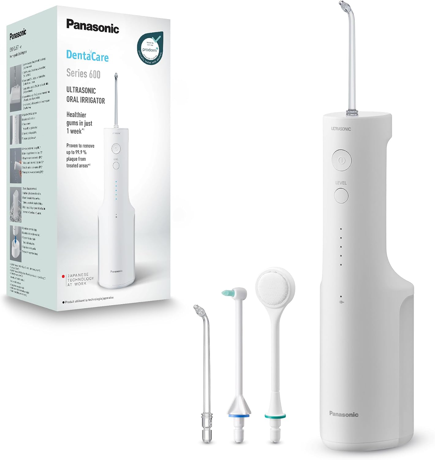 دستگاه شستشوی دهان اولتراسونیک پاناسونیک سری 600 EW-DJ67-W303، شست و شوی دهان برای دندان، 200 میلی لیتر، IPX7، 2 نازل اولتراسونیک، 1 نازل ارتودنسی و 1 نازل تمیز کننده زبان، 5 سطح فشار آب، سفید