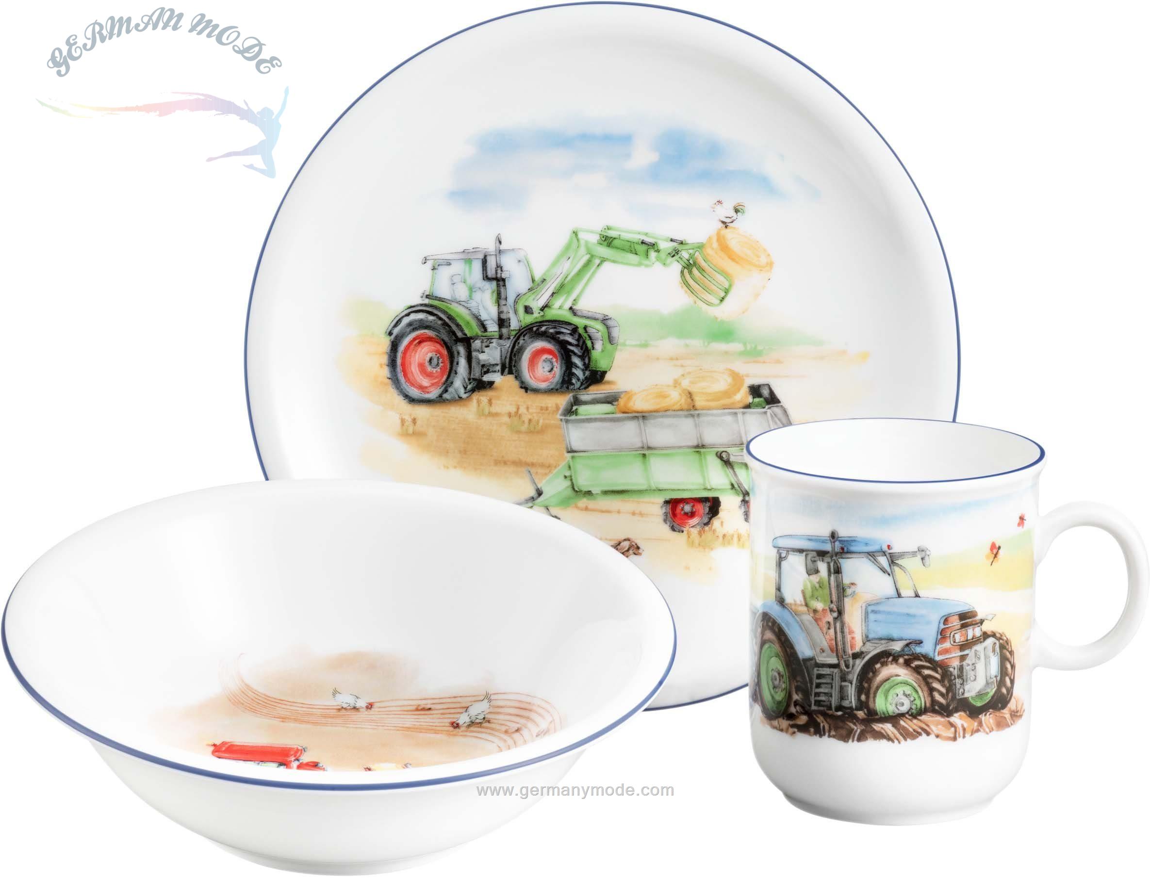 سرویس غذاخوری چینی بچگانه 3 پارچه سلتمن ویدن آلمان Seltmann Weiden Kindergeschirr-Set Compact (3-tlg), Porzellan, Mein Traktor, schlicht und dezent