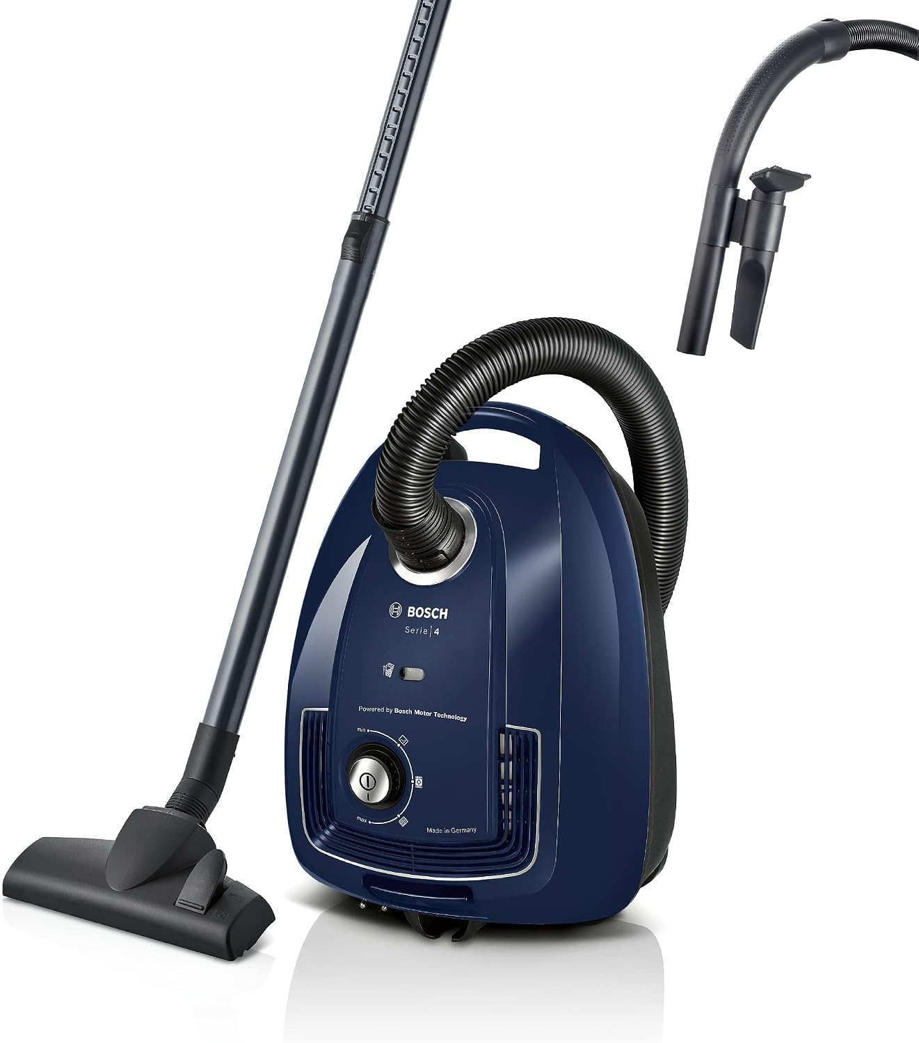 جارو برقی کیسه ای بوش آلمان سری 4 Bosch BGD38BU2، پایدار، فیلتر بهداشتی، موتور 10 ساله، گیره لوازم جانبی، نازل شکاف، قدرت مکش بالا، ساخت آلمان، 600 وات