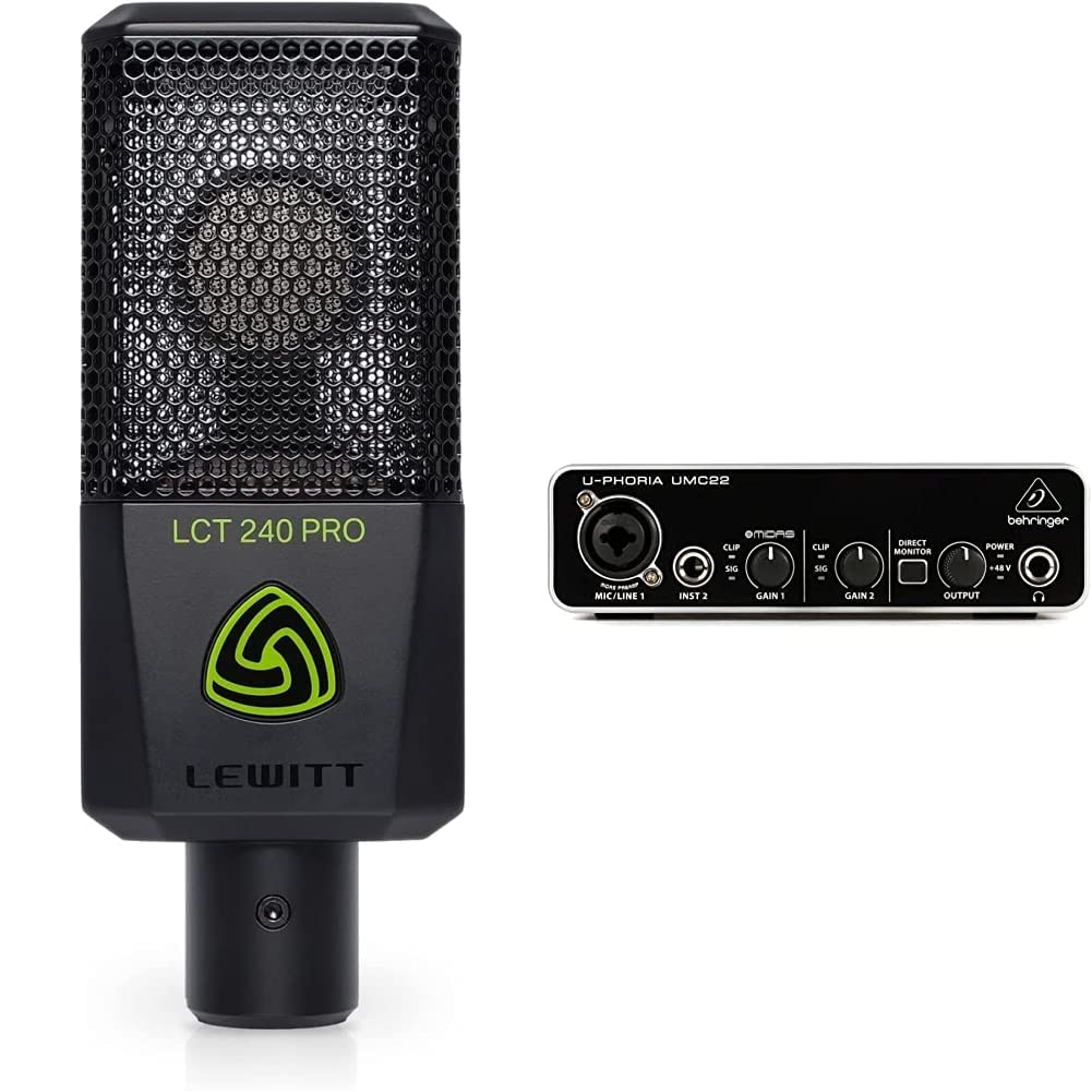 خرید از آمازون - میکروفون کندانسور XLR - پایه میکروفون کپسول خازنی حرفه ای LCT 240 PRO و شیشه جلو (مشکی) و رابط صوتی USB Behringer UMC22 Audiophiles 2x2 با بسته پیش تقویت کننده میکروفون Midas با رابط صوتی 2x2 USB