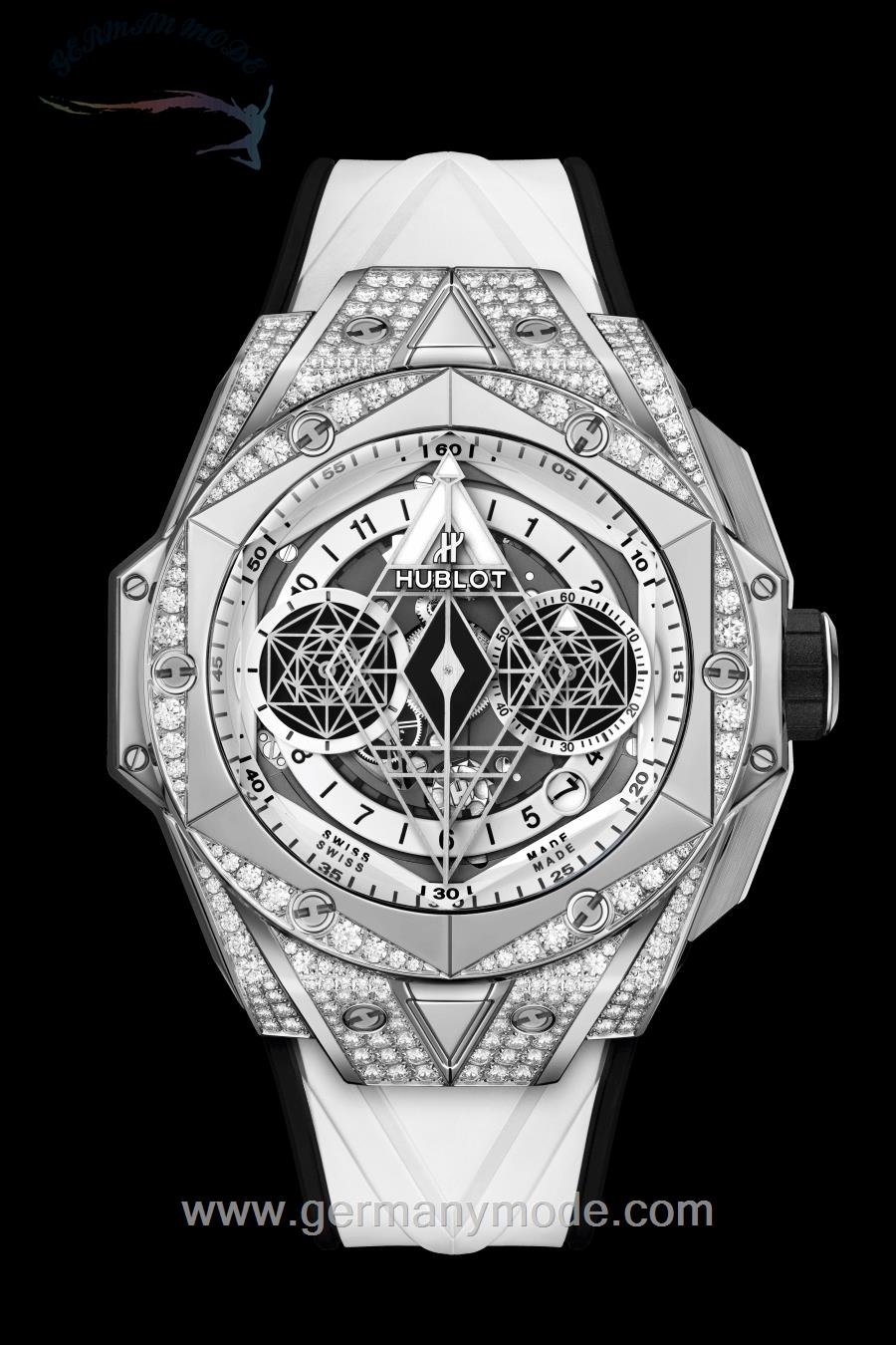 ساعت مچی مردانه هابلوت سوئیس HUBLOT SANG BLEU II TITANIUM WHITE PAVÉ 45MM