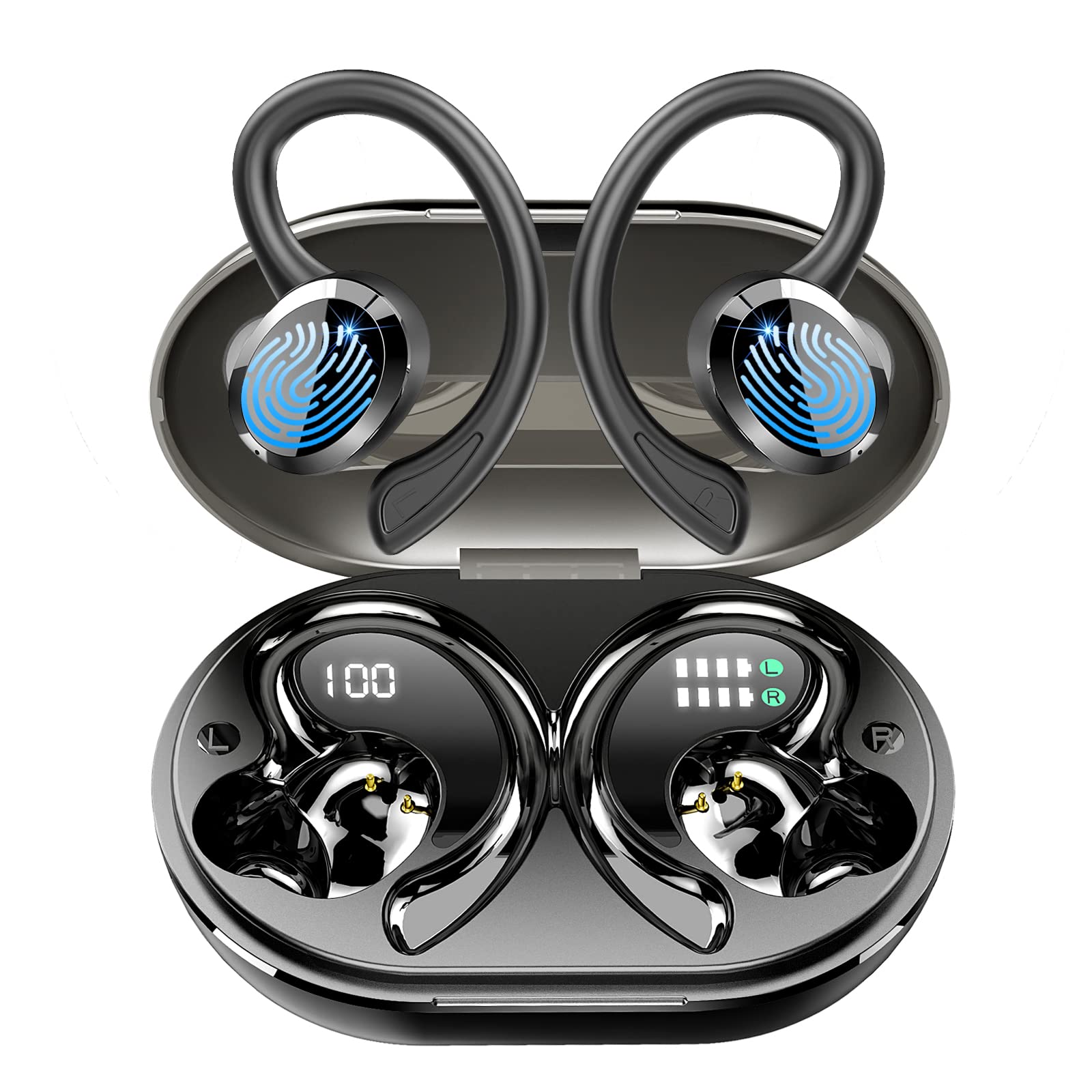 خرید از آمازون - هدفون بلوتوث اسپرت، هدفون داخل گوشی بی‌سیم بلوتوث 5.3 استریو HiFi، [2023] هدفون بی‌سیم درایور 13 میلی‌متری با میکروفون HD، ایرفون 48 ساعته با براکت، جعبه شارژ IP7 LED ضد آب/800 میلی‌آمپر ساعت USB-C مشکی تیره