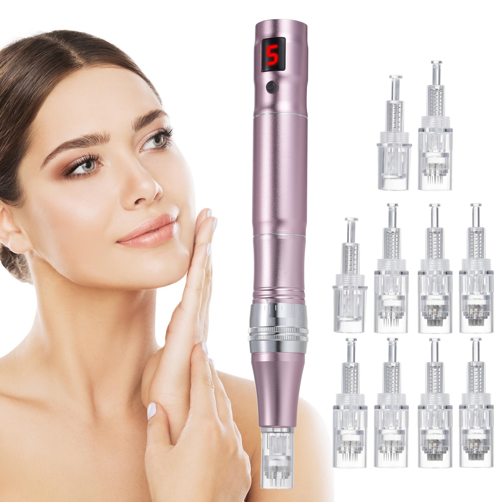 خرید از آمازون - قلم میکرونیدلینگ الکتریکی حرفه ای Layhou، قلم میکروکریستالی قلم Derma، 0-2.5mm، طول سوزن قابل تنظیم، شدت لرزش 5 سطح، قابل تنظیم با نمایشگر دیجیتال (صورتی)