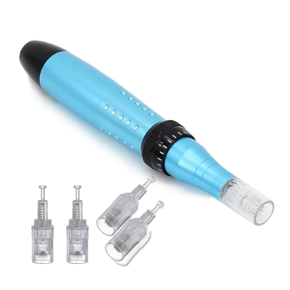 خرید از آمازون - BOWKA Electric Derma Pen Microneedling Pen غلتک میکرونیدلینگ، شامل. 4 عدد کارتریج سوزنی 12 پین، طول سوزن 0.25-2.0 میلی متر قابل تنظیم و 5 سرعت (آبی)