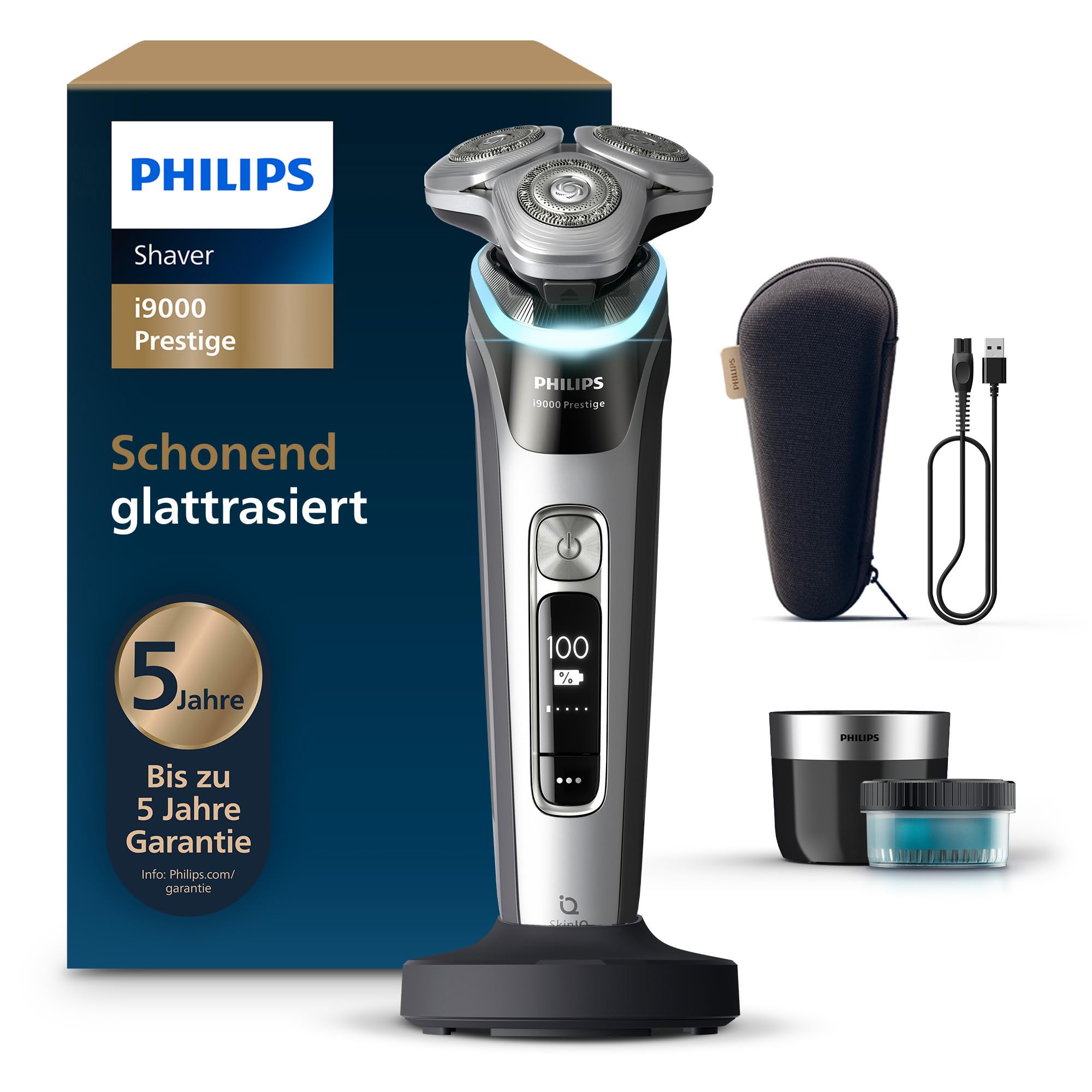 ریش‌ تراش فیلیپس هلند Philips Rasierer i9000 Prestige XP9205/30 حسگر فشار پایه تمیزکننده پایه شارژ و کیف مسافرتی